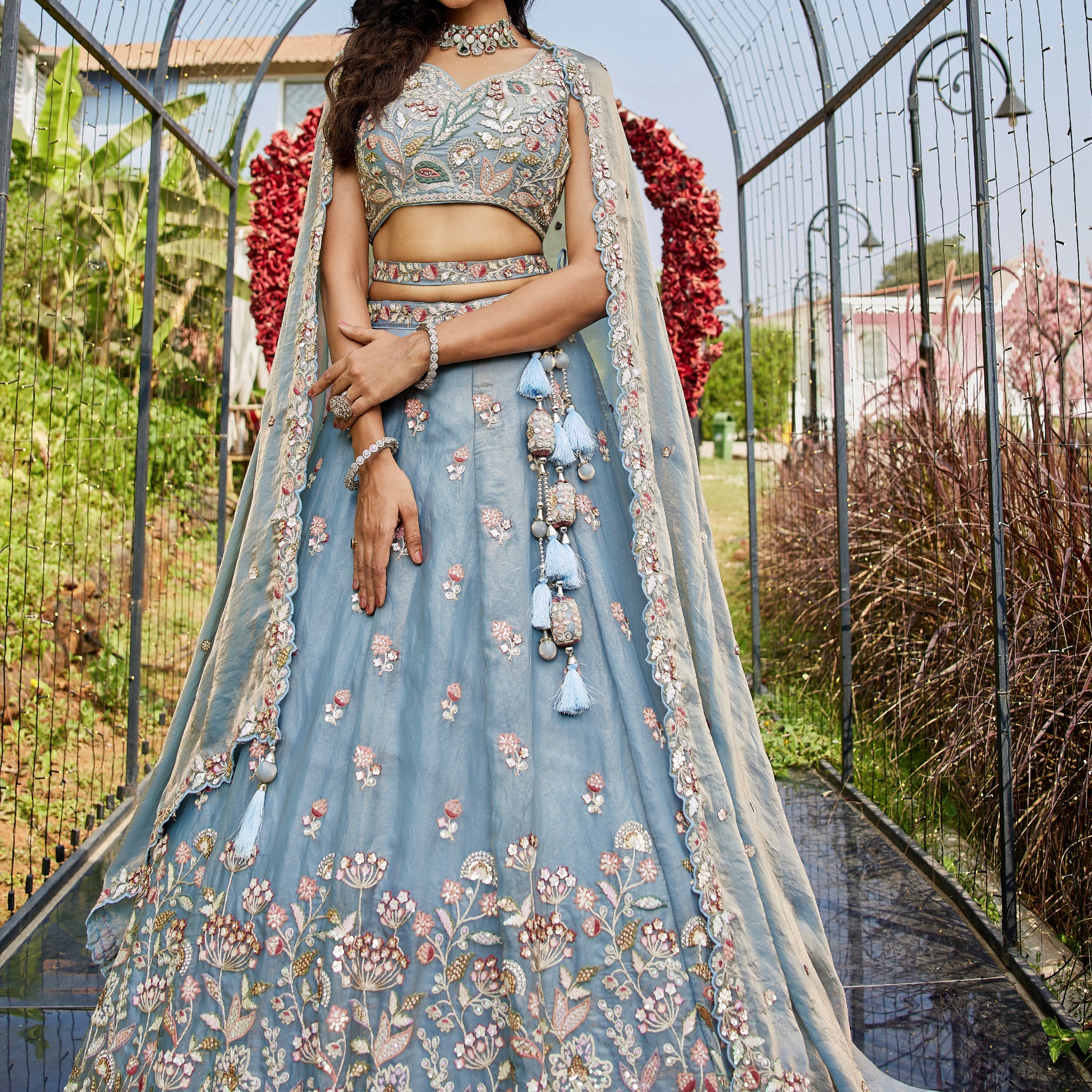 Blue Tissue Embroidered Bridal Lehenga