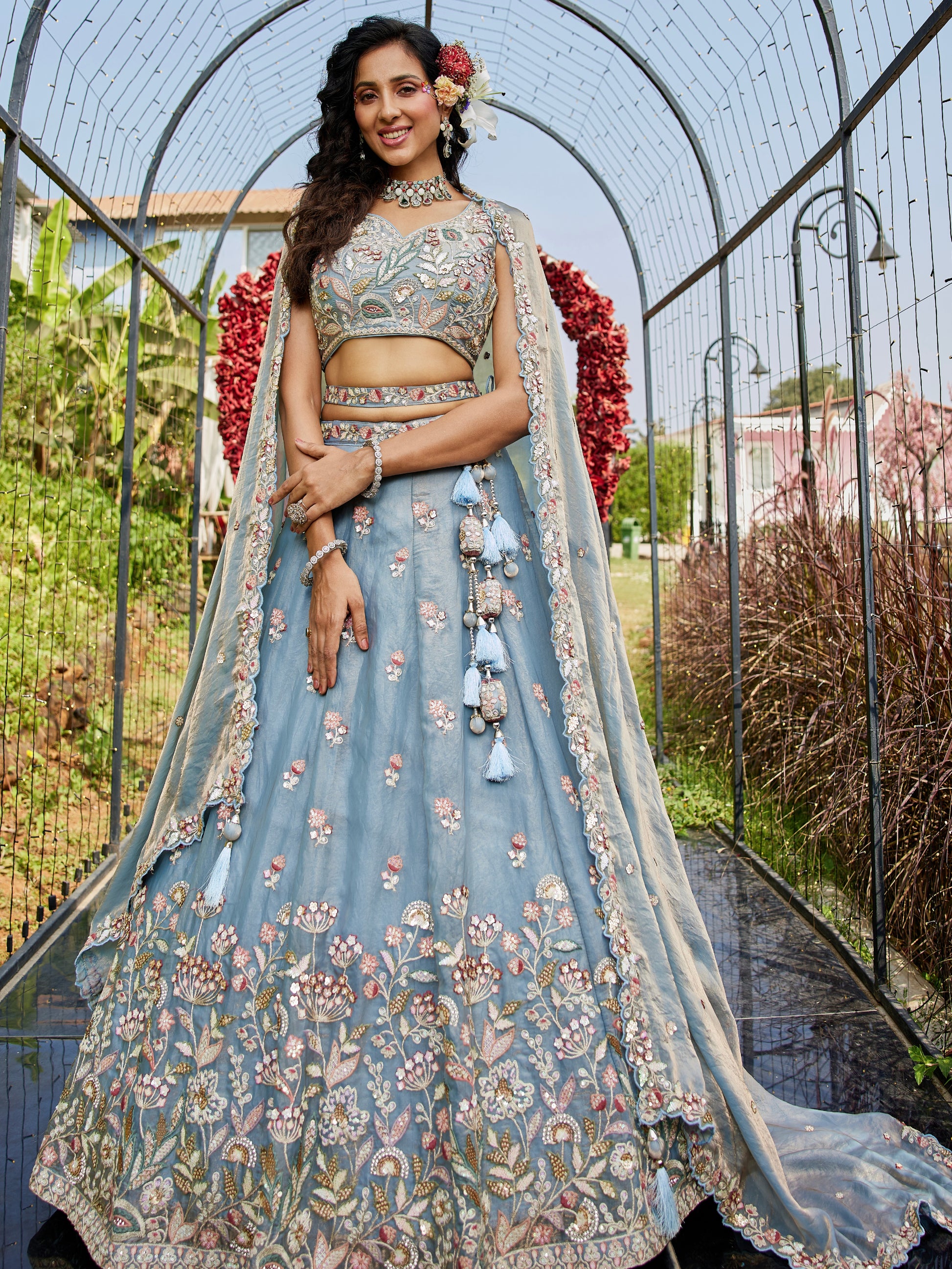 Blue Tissue Embroidered Bridal Lehenga