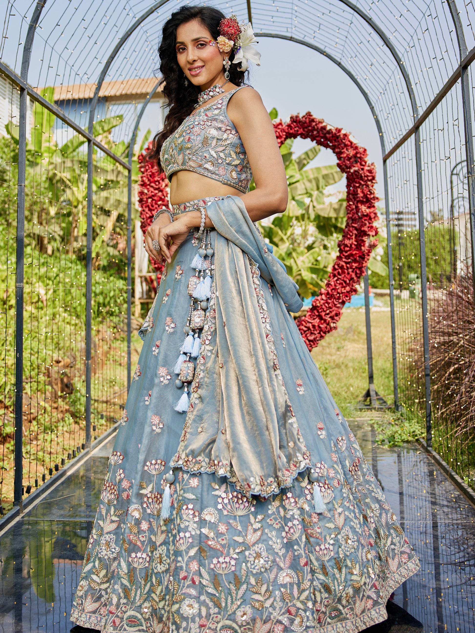 Blue Tissue Embroidered Bridal Lehenga