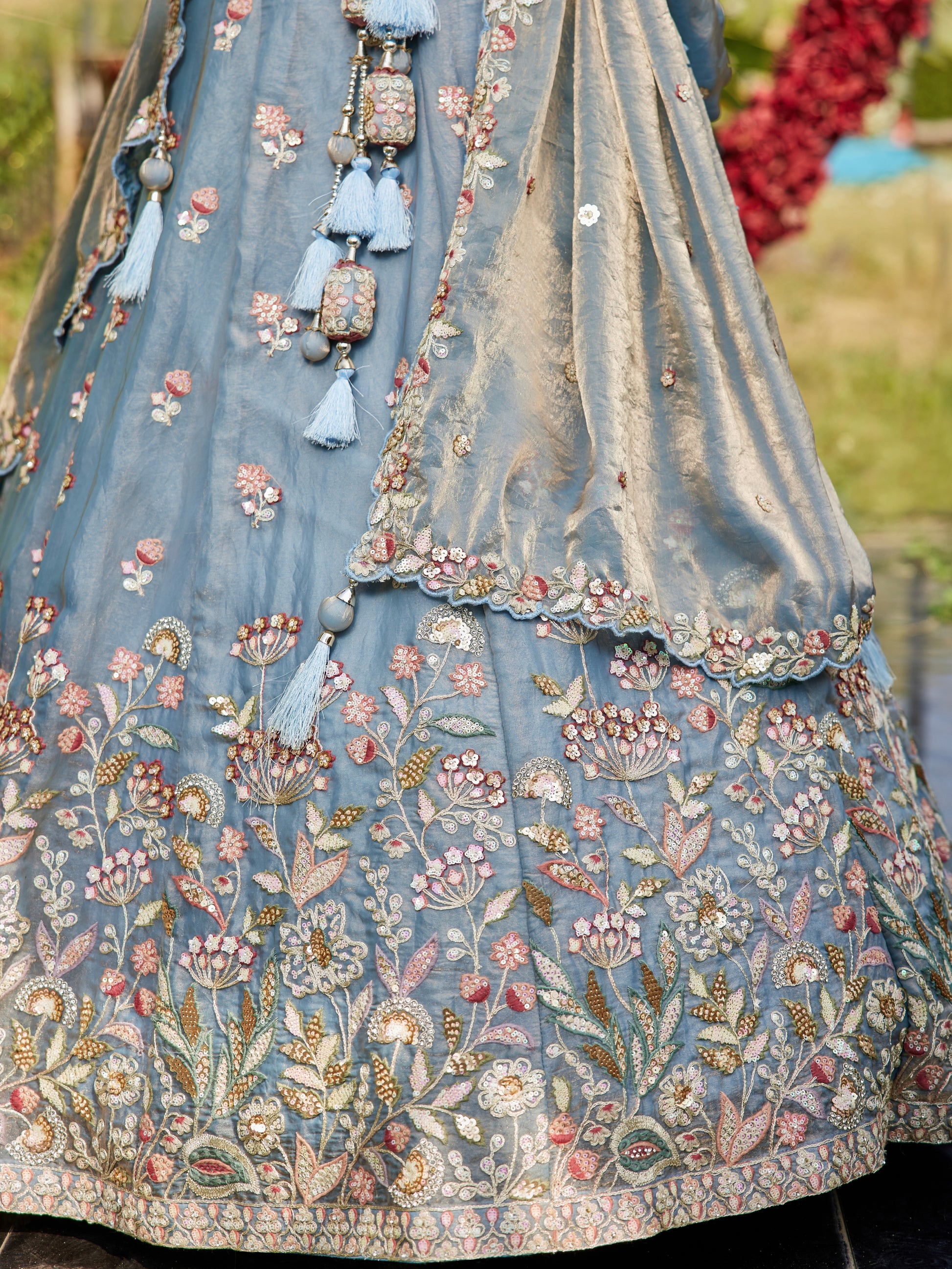 Blue Tissue Embroidered Bridal Lehenga