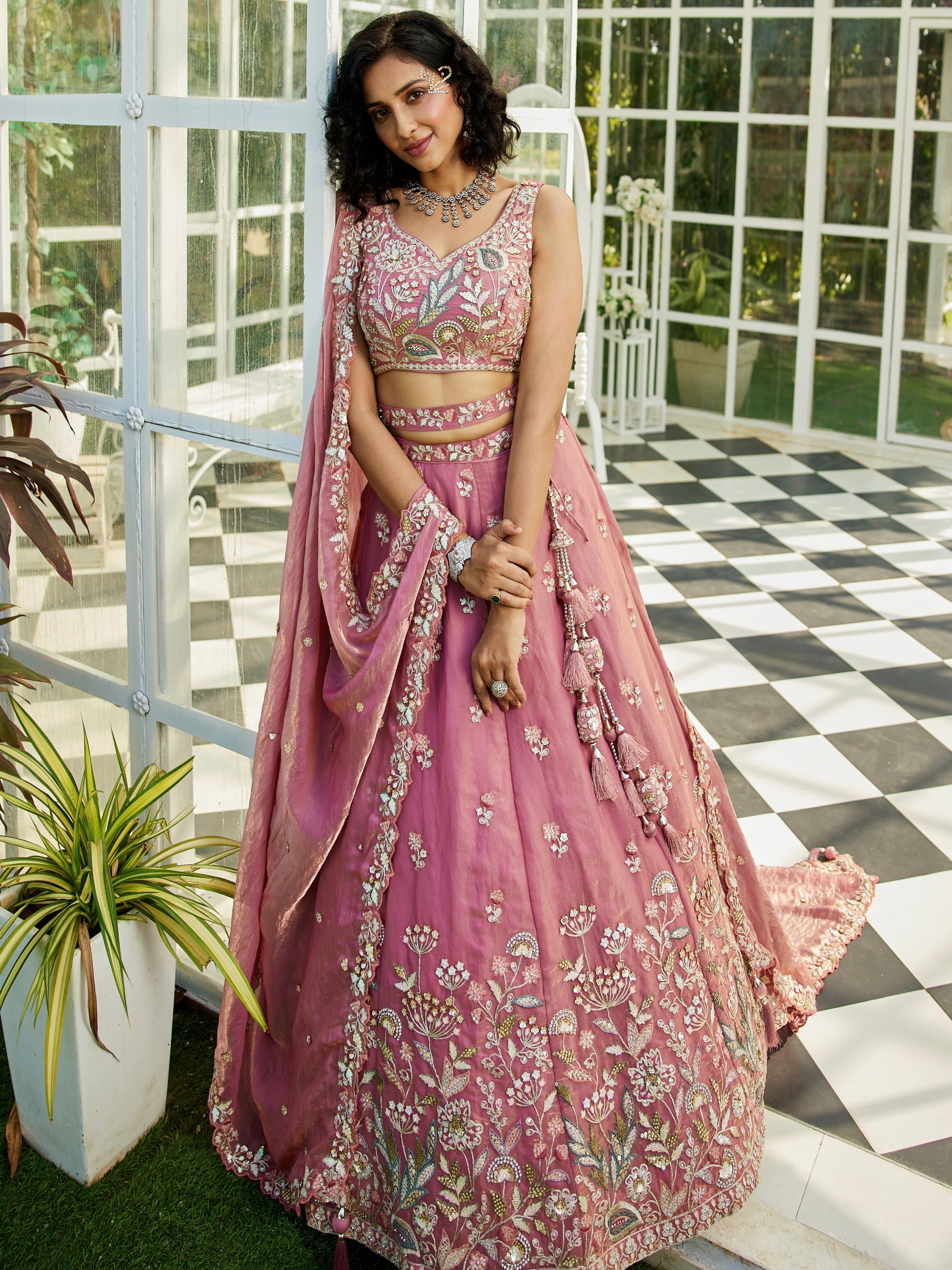 Pink Tissue Embroidered Bridal Lehenga