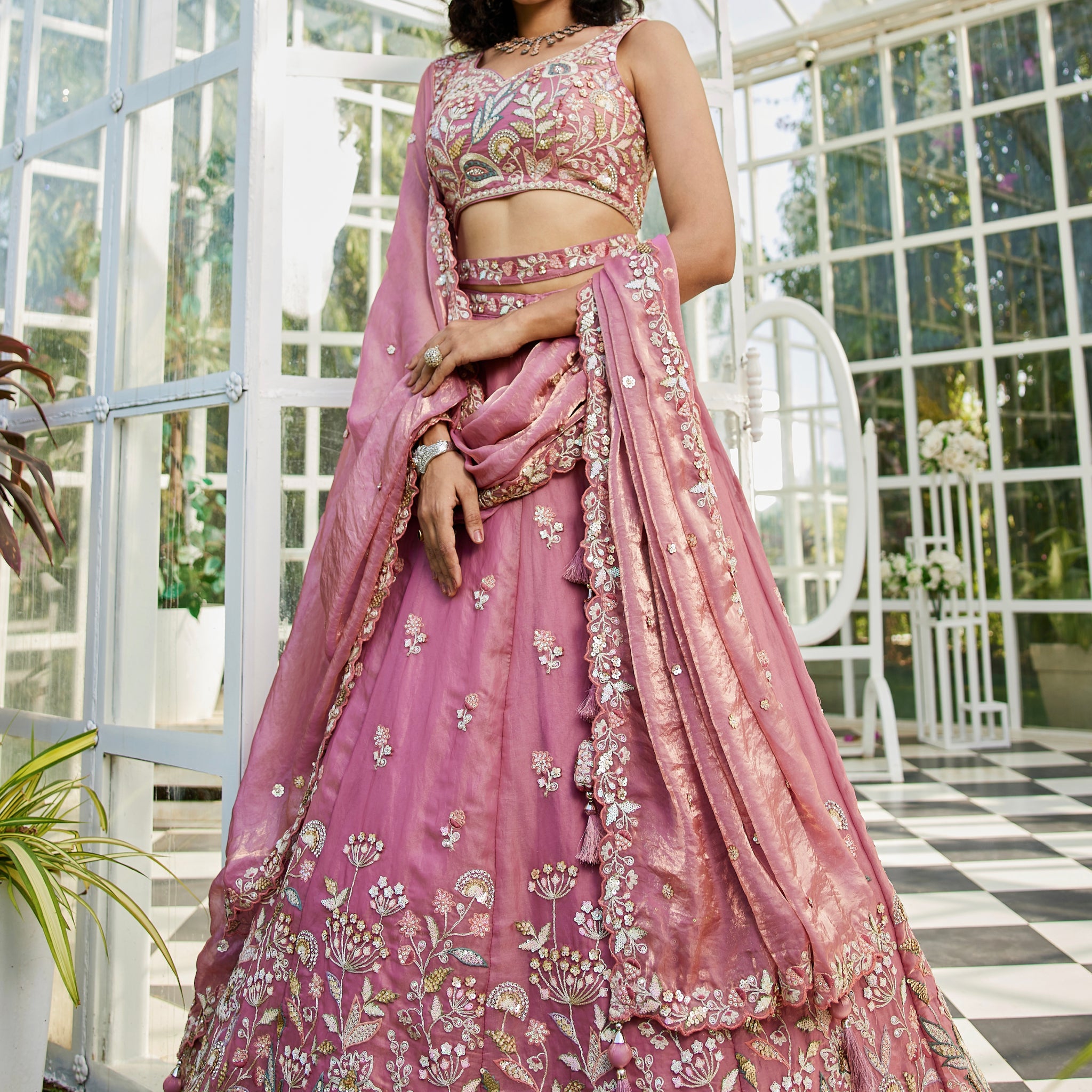 Pink Tissue Embroidered Bridal Lehenga