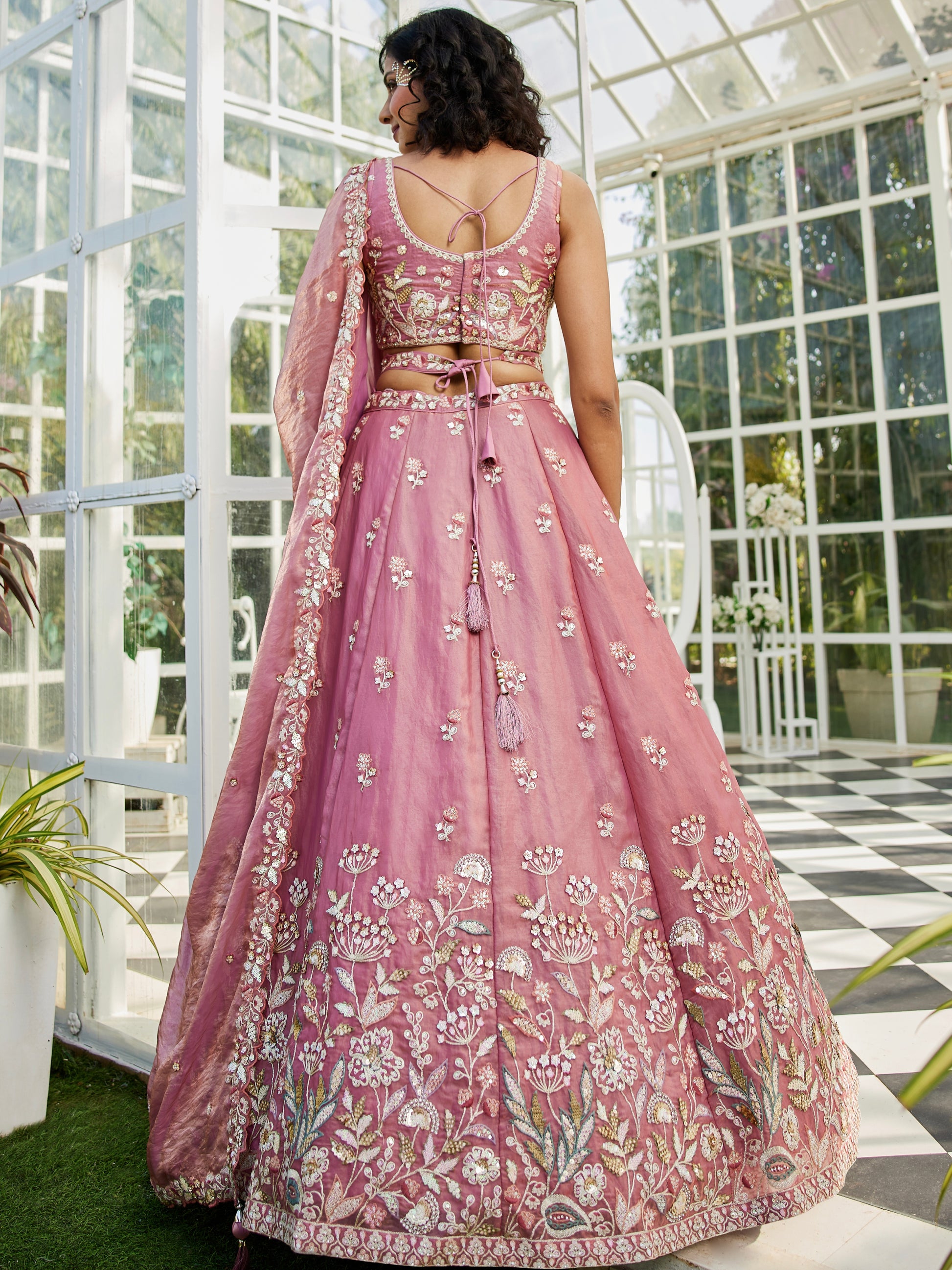 Pink Tissue Embroidered Bridal Lehenga