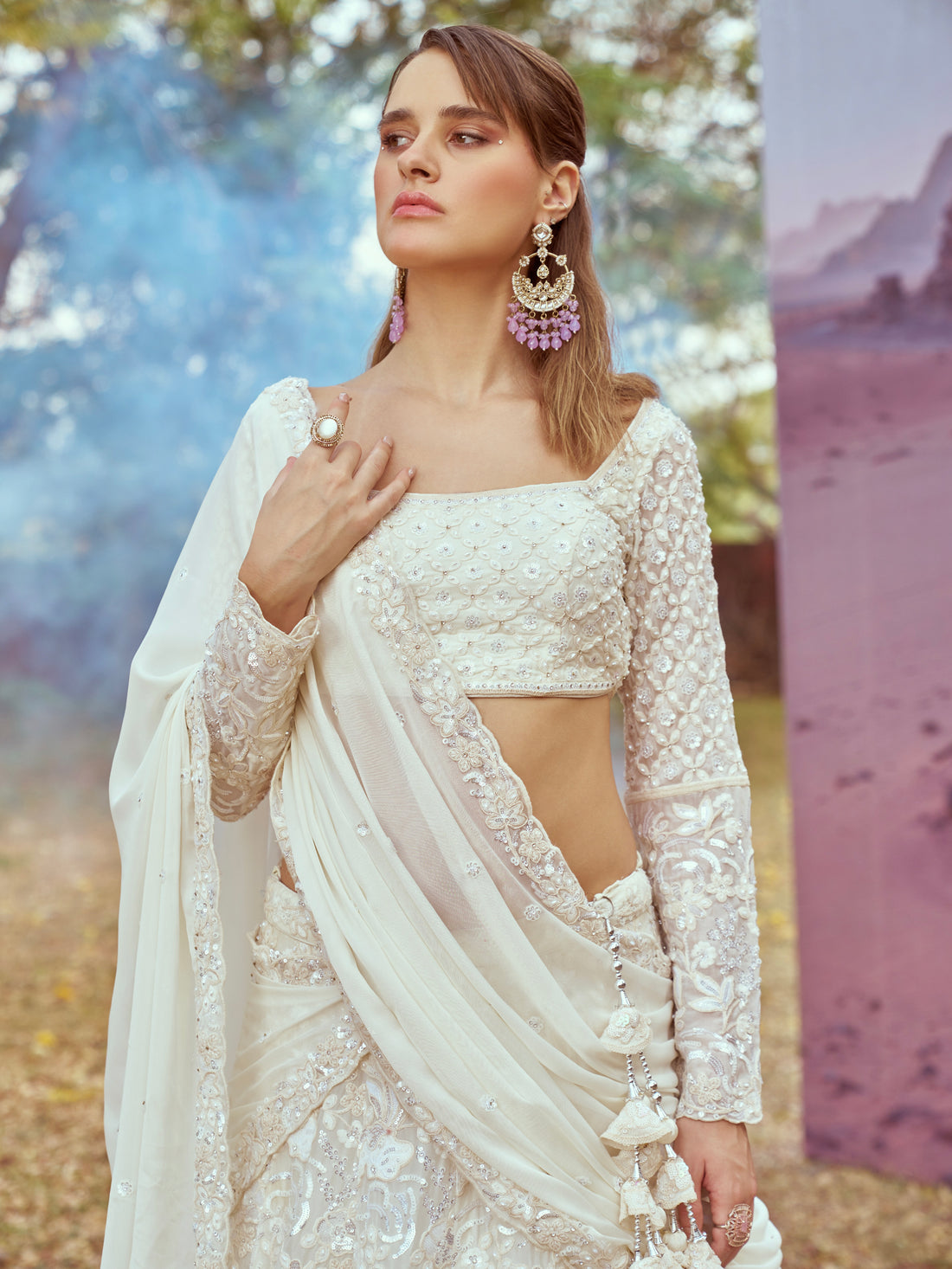 Cream Gold Heavy Embroidered Georgette Bridal Lehenga