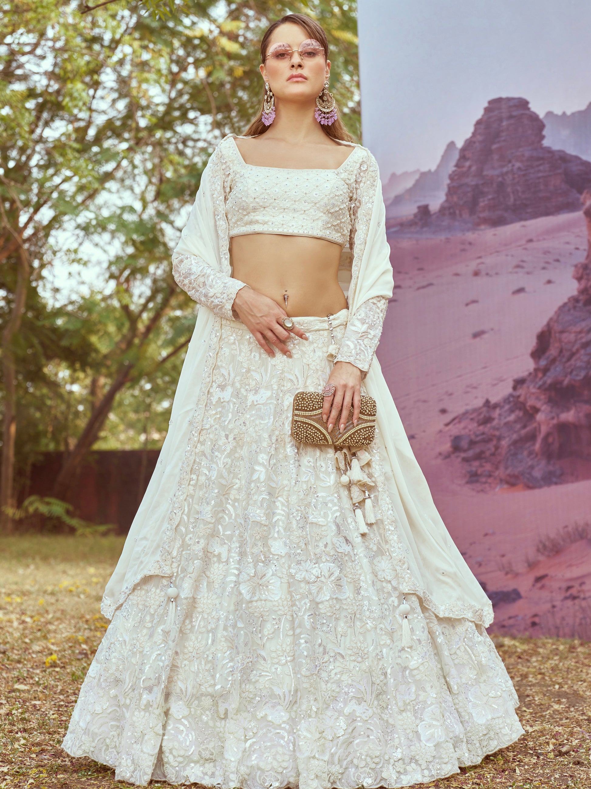 Cream Gold Heavy Embroidered Georgette Bridal Lehenga