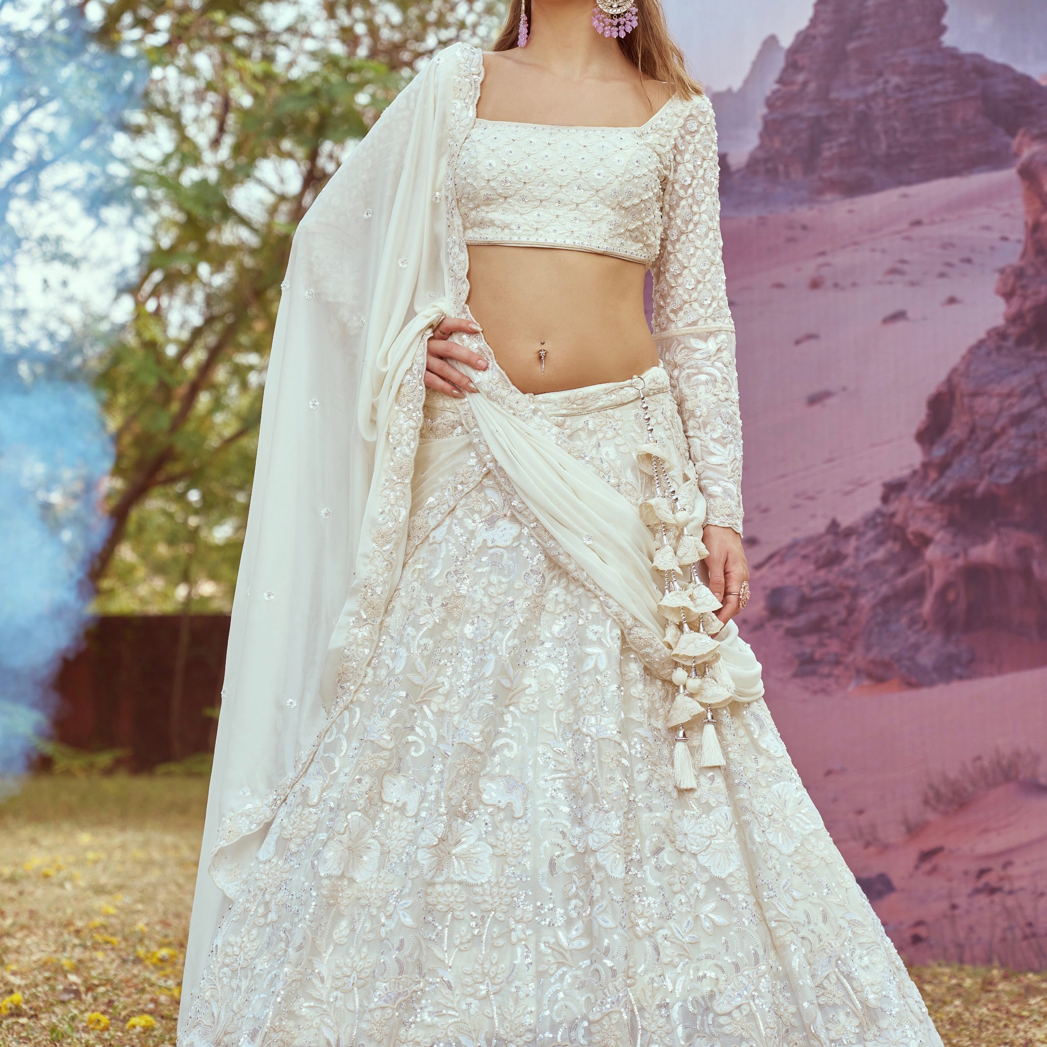 Cream Gold Heavy Embroidered Georgette Bridal Lehenga