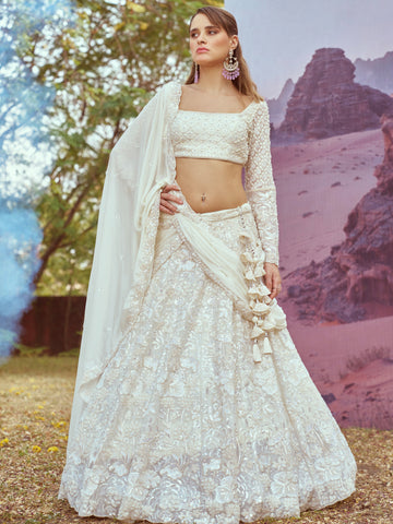 Cream Gold Heavy Embroidered Georgette Bridal Lehenga