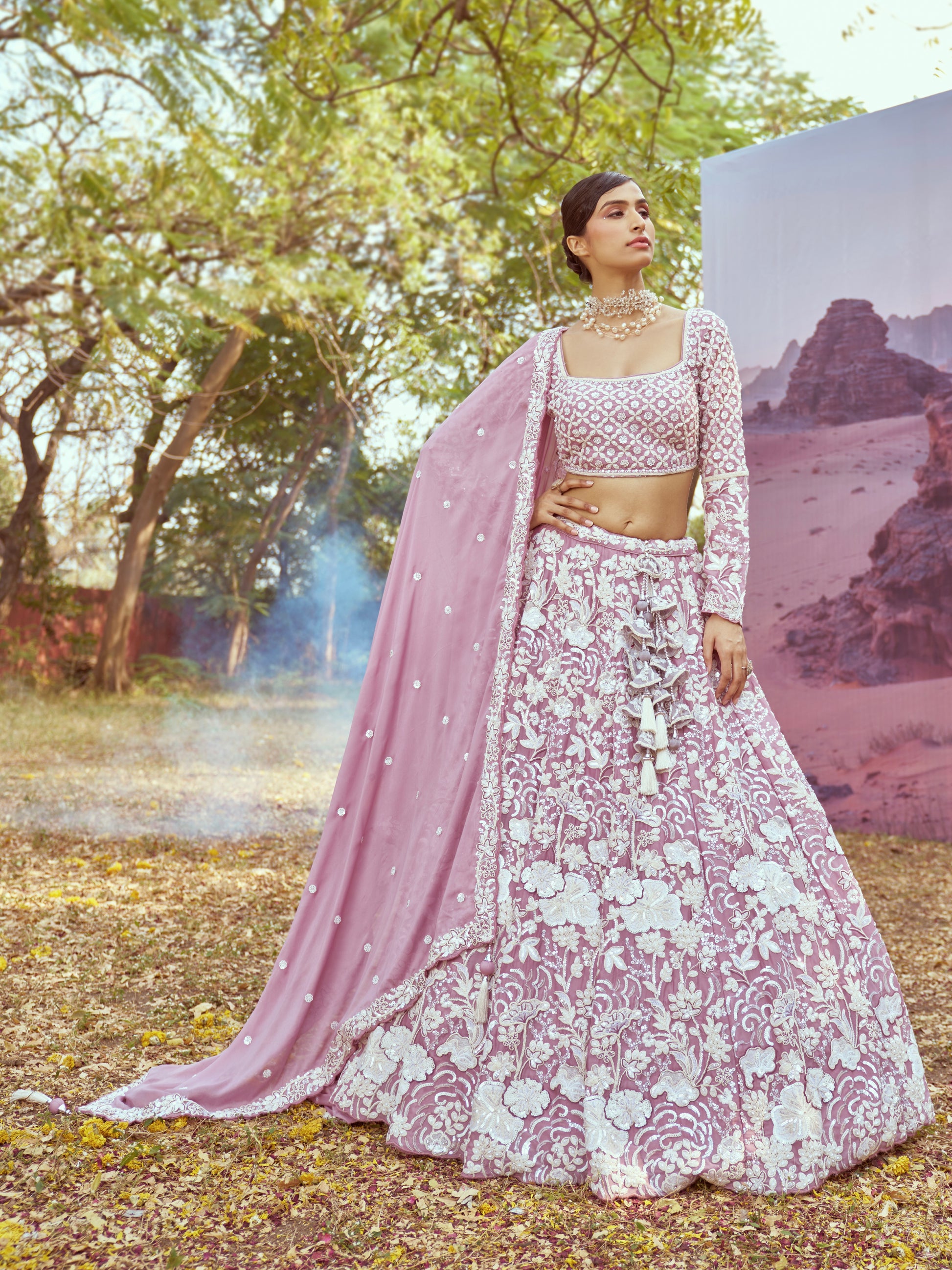 Lavender Heavy Embroidered Georgette Bridal Lehenga