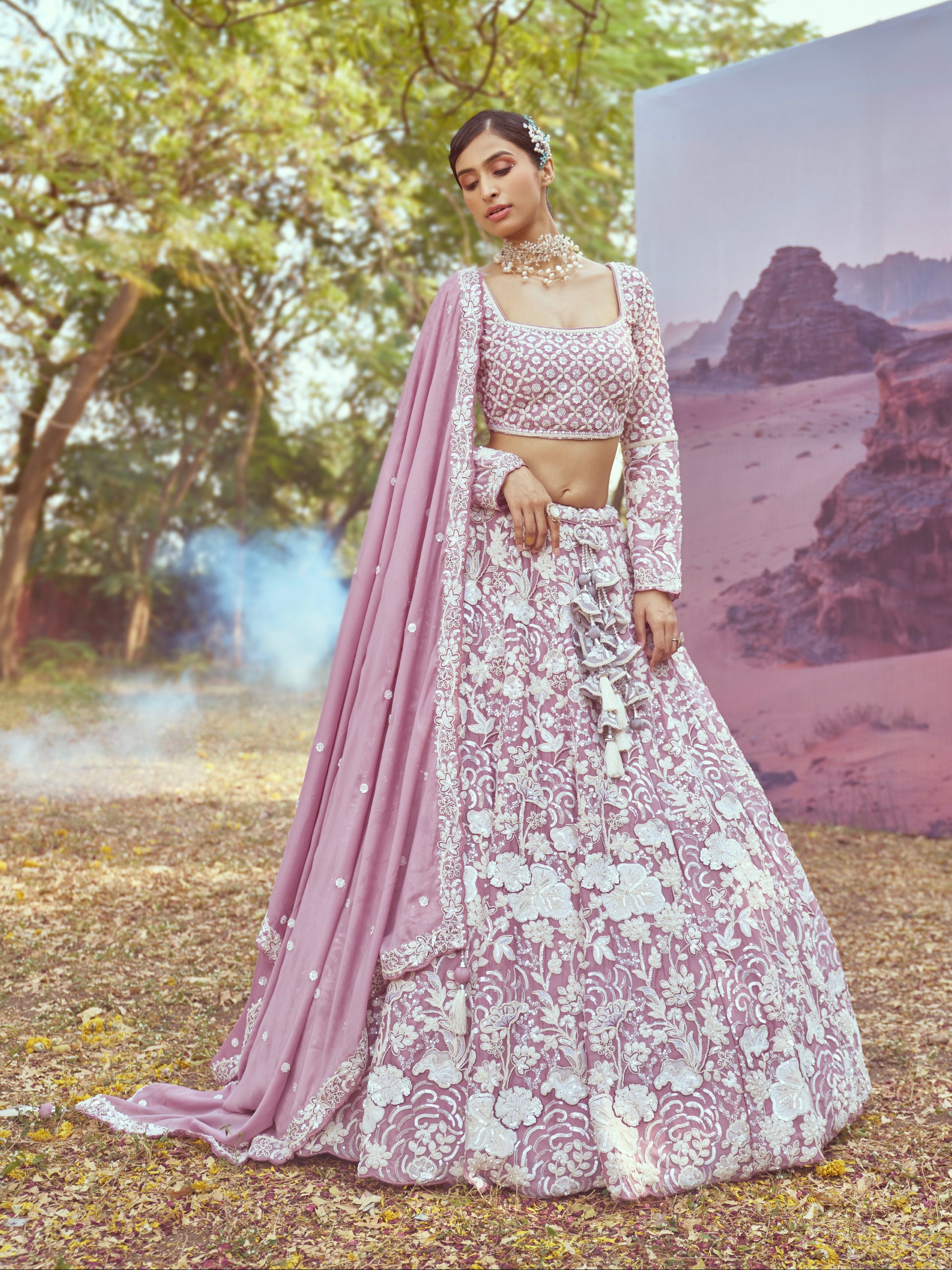 Lavender Heavy Embroidered Georgette Bridal Lehenga