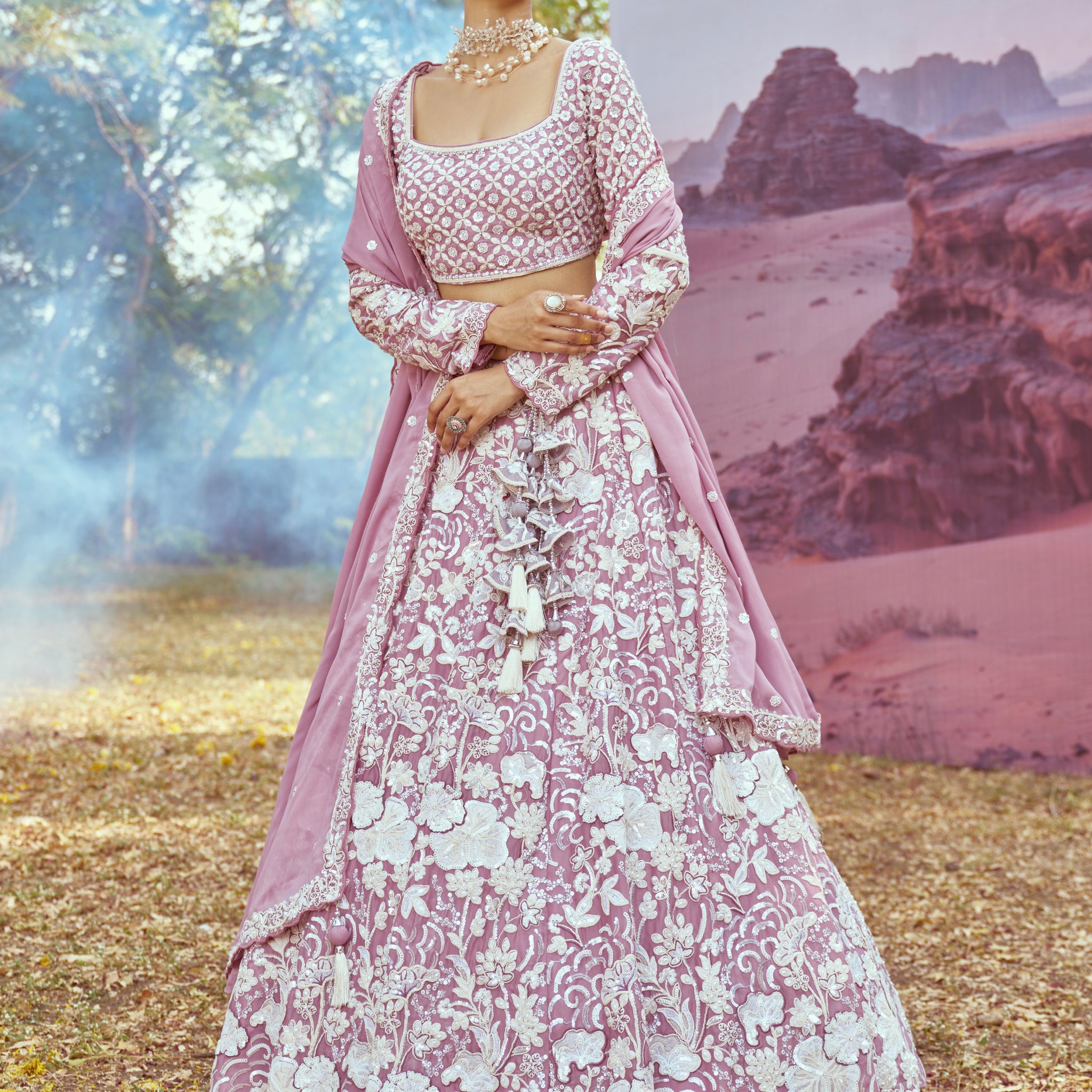 Lavender Heavy Embroidered Georgette Bridal Lehenga