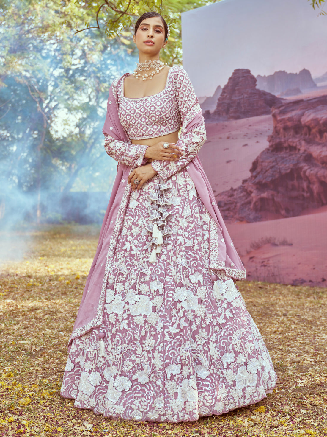 Lavender Heavy Embroidered Georgette Bridal Lehenga