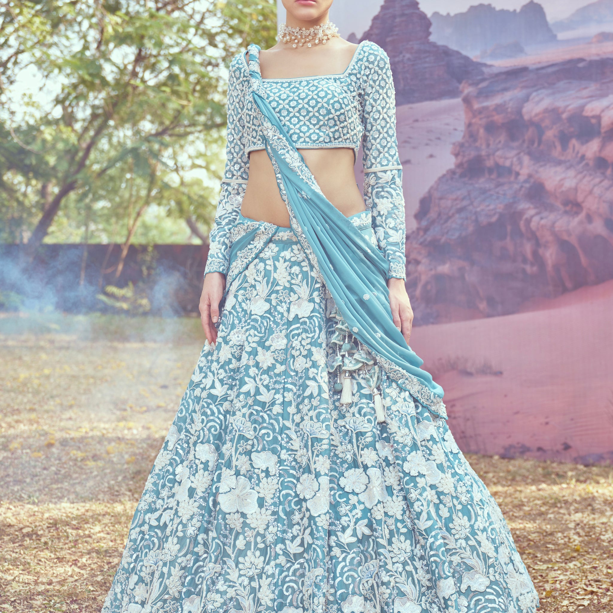 Turquoise Heavy Embroidered Georgette Bridal Lehenga