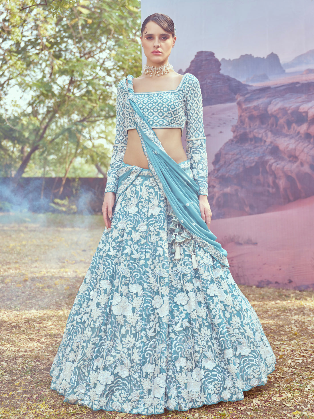 Turquoise Heavy Embroidered Georgette Bridal Lehenga