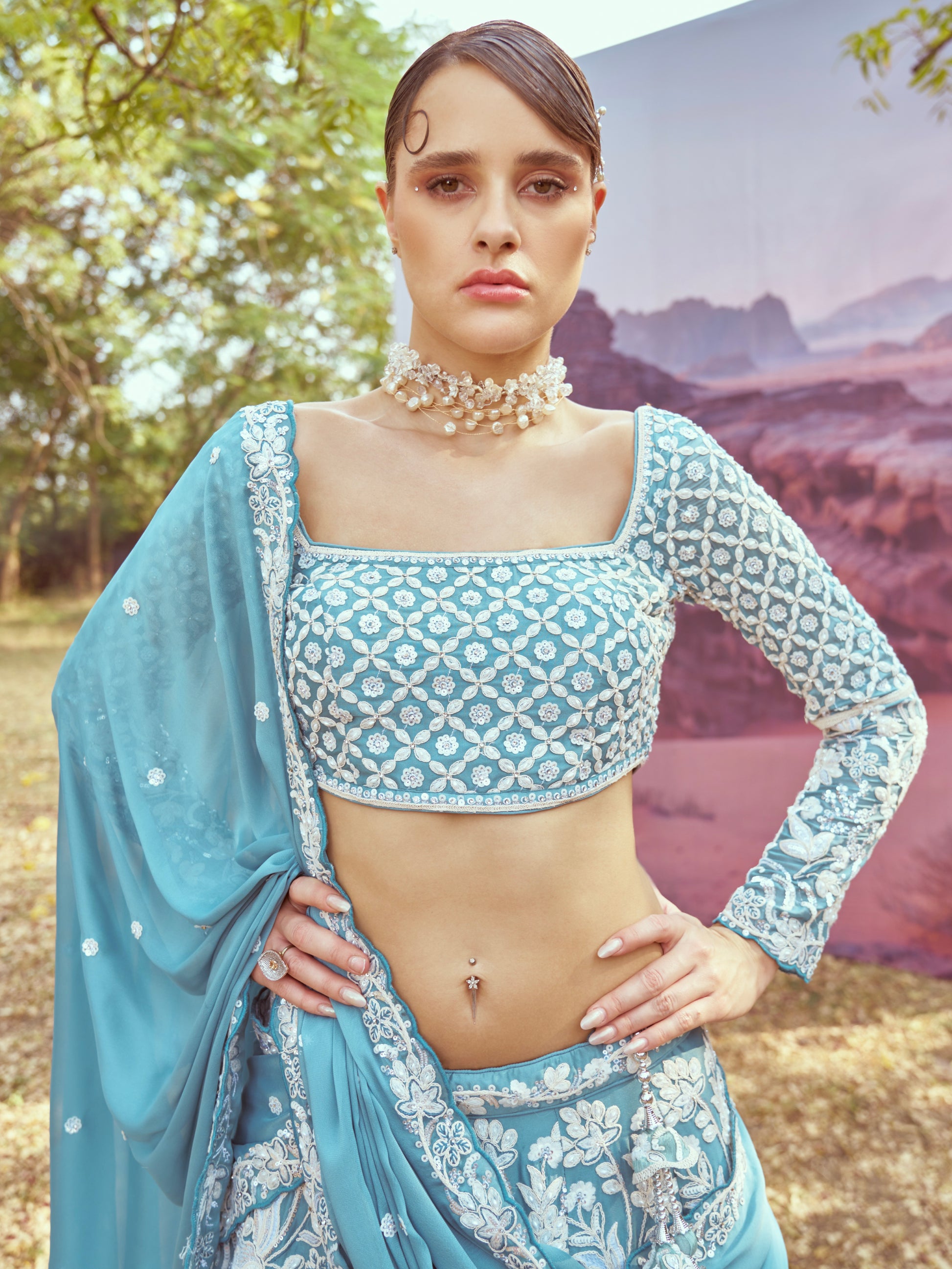 Turquoise Heavy Embroidered Georgette Bridal Lehenga