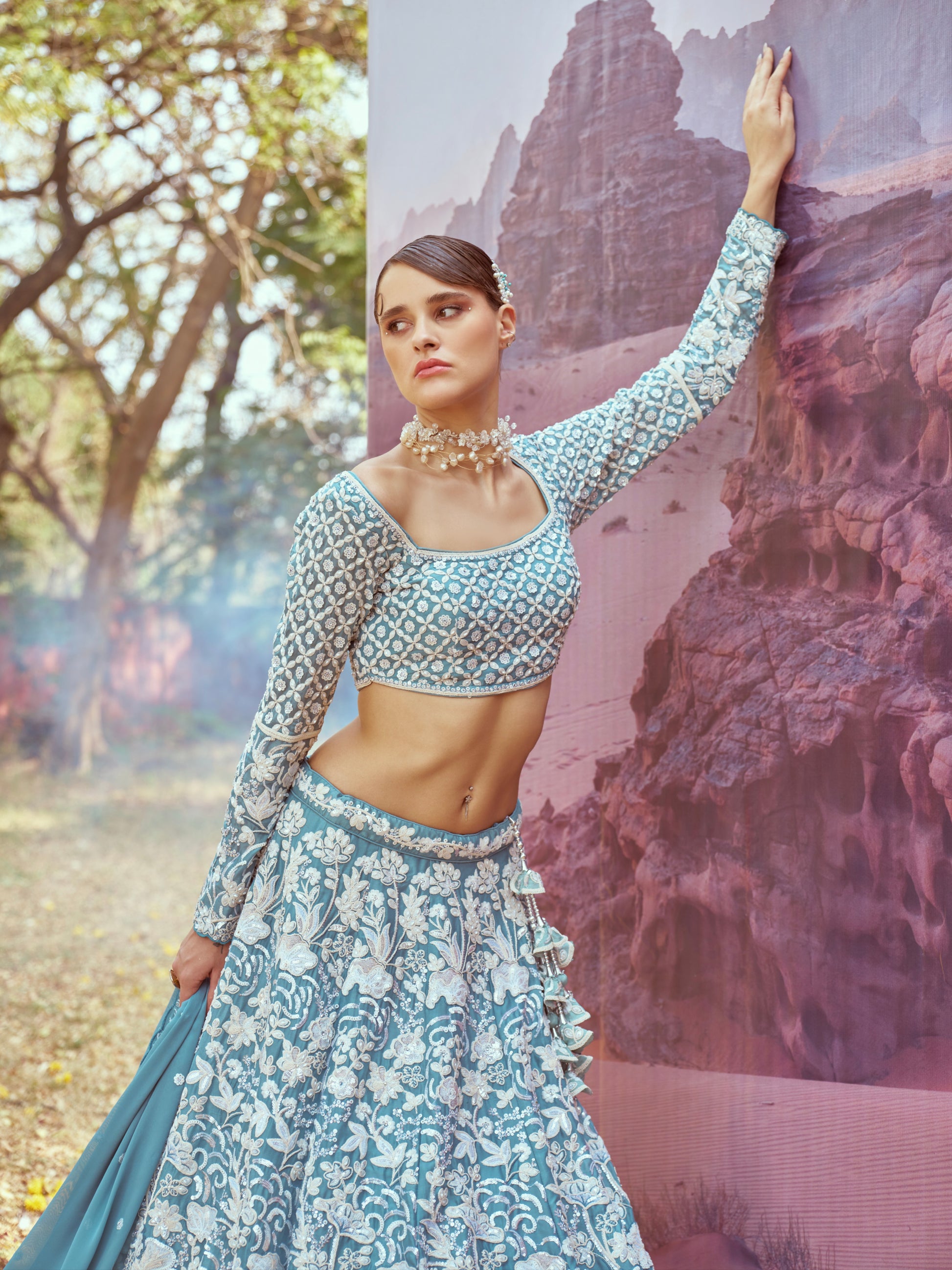 Turquoise Heavy Embroidered Georgette Bridal Lehenga