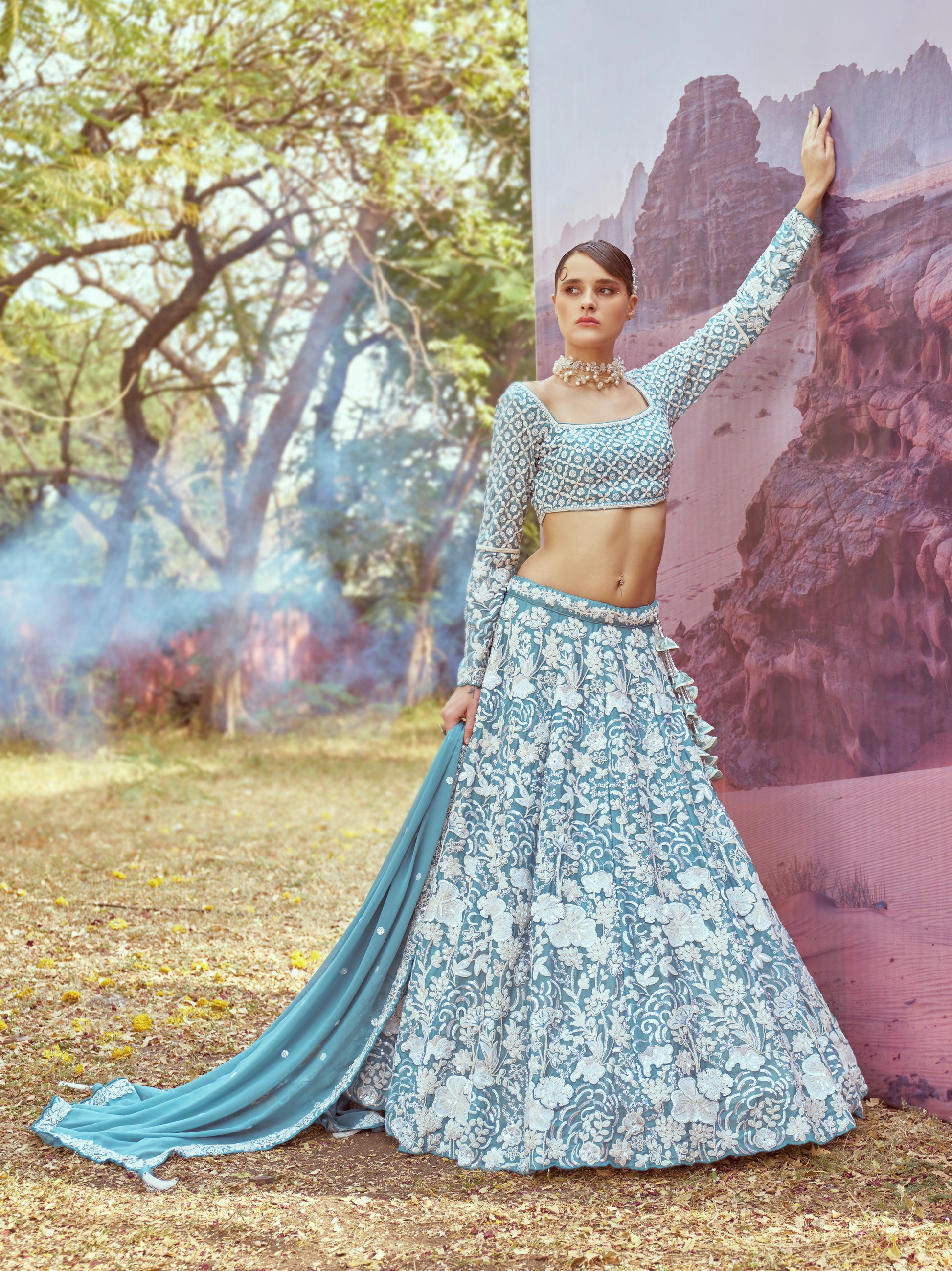 Turquoise Heavy Embroidered Georgette Bridal Lehenga