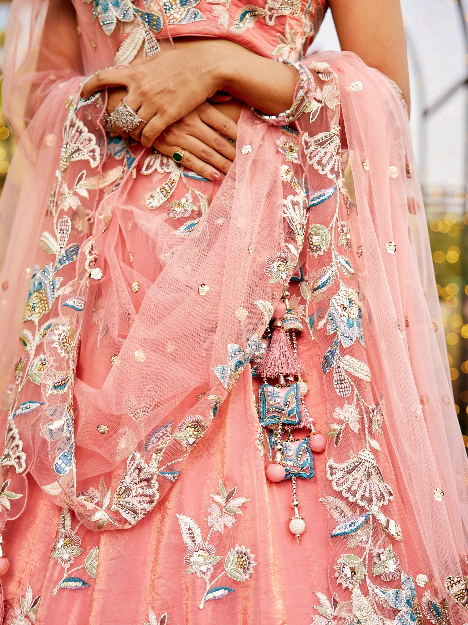 Orange Net Bridal Lehenga with Sequins & Zarkan Work