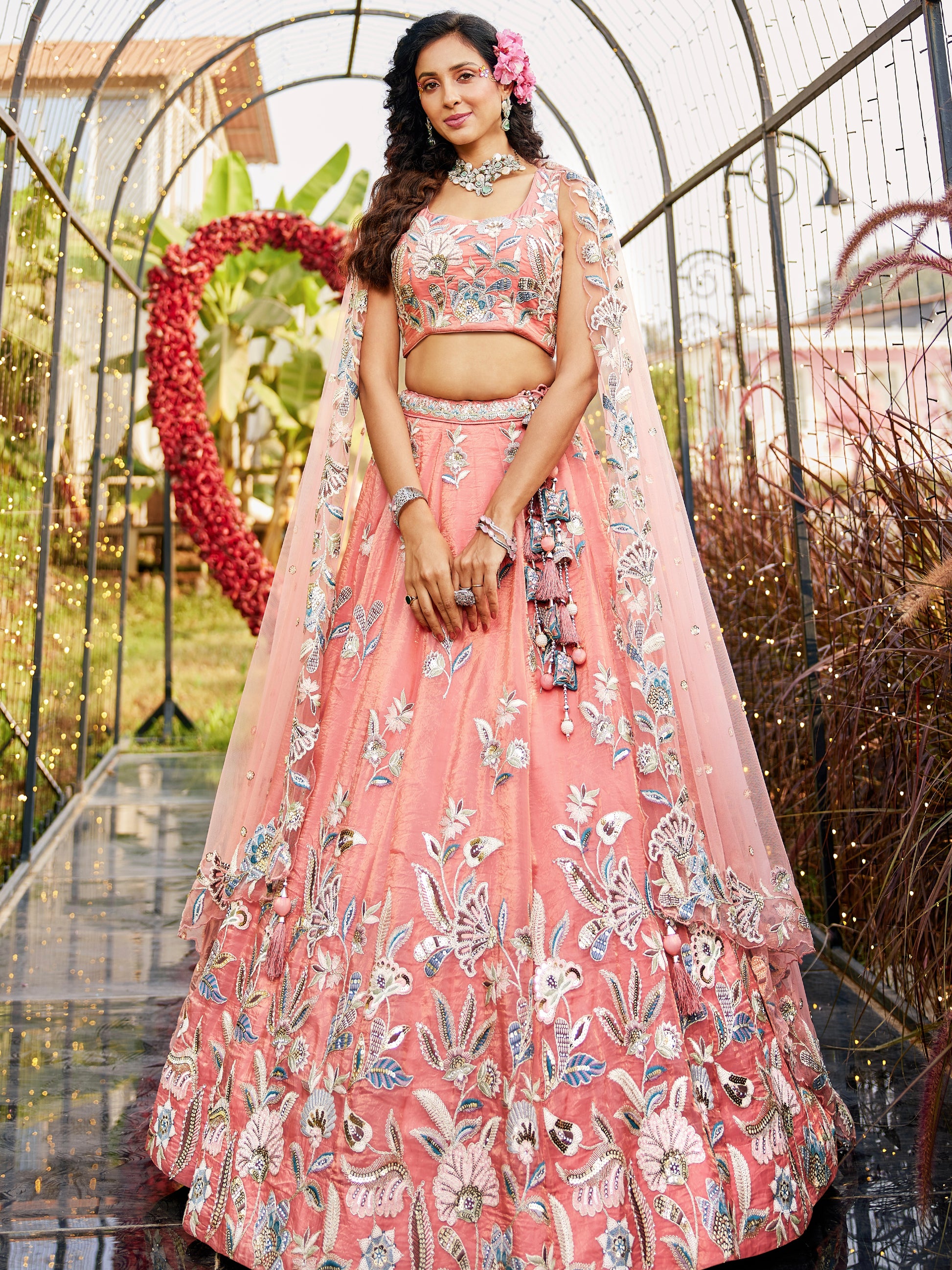 Orange Net Bridal Lehenga with Sequins & Zarkan Work