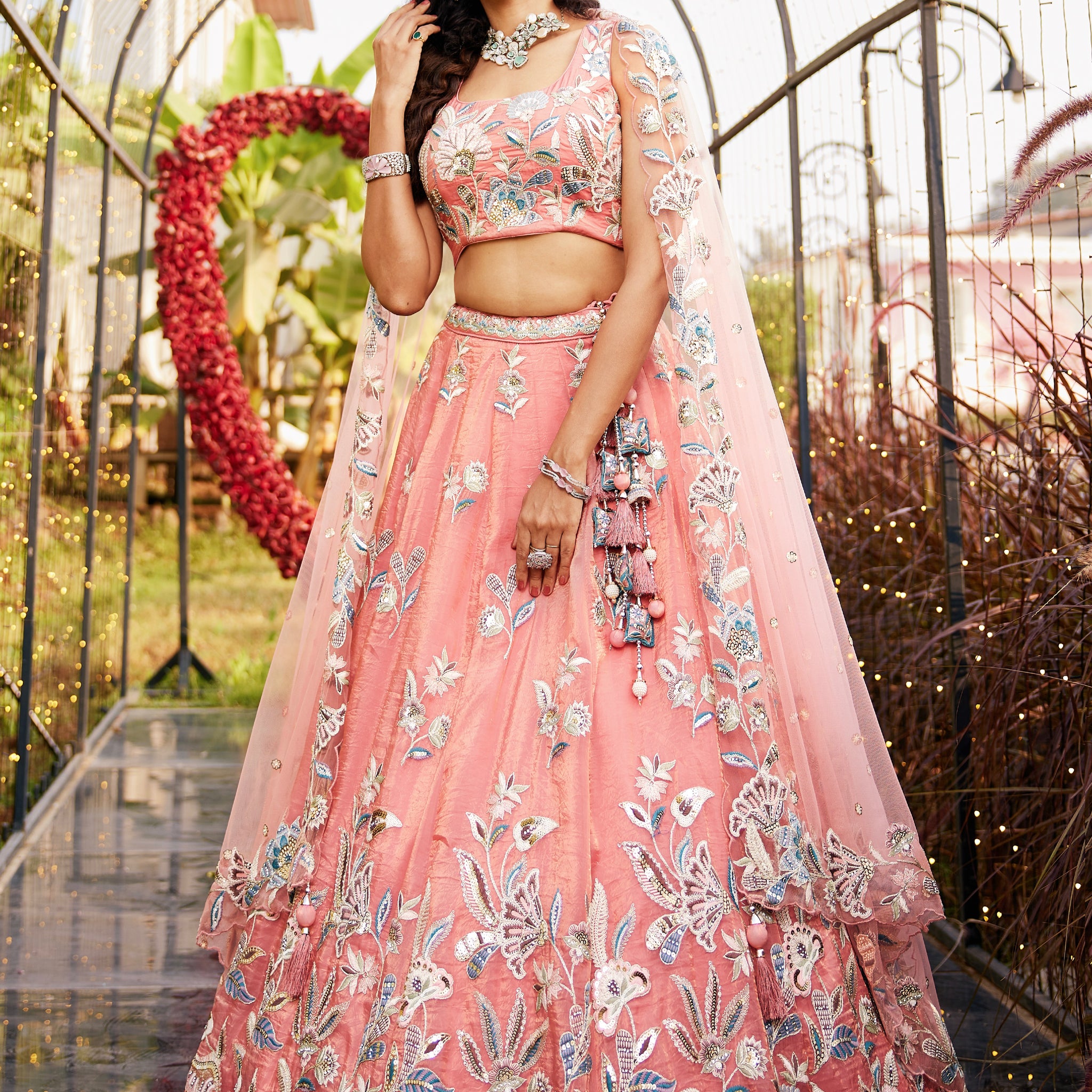 Orange Net Bridal Lehenga with Sequins & Zarkan Work