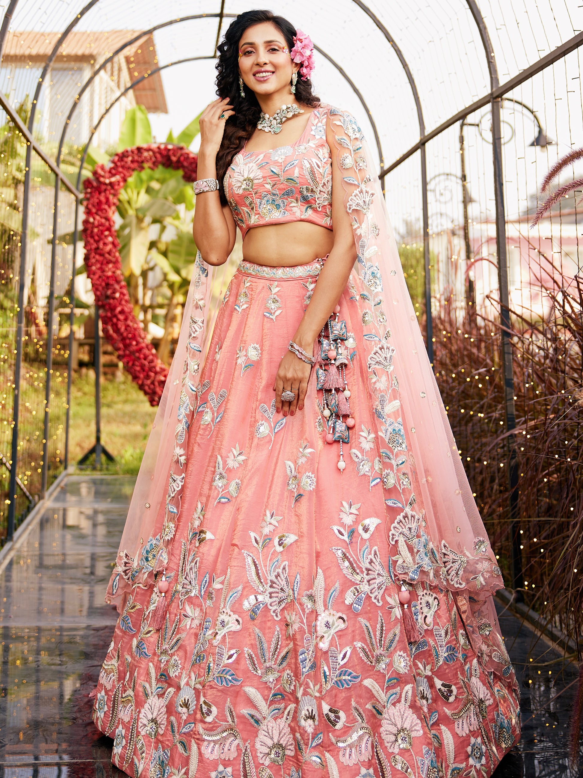 Orange Net Bridal Lehenga with Sequins & Zarkan Work