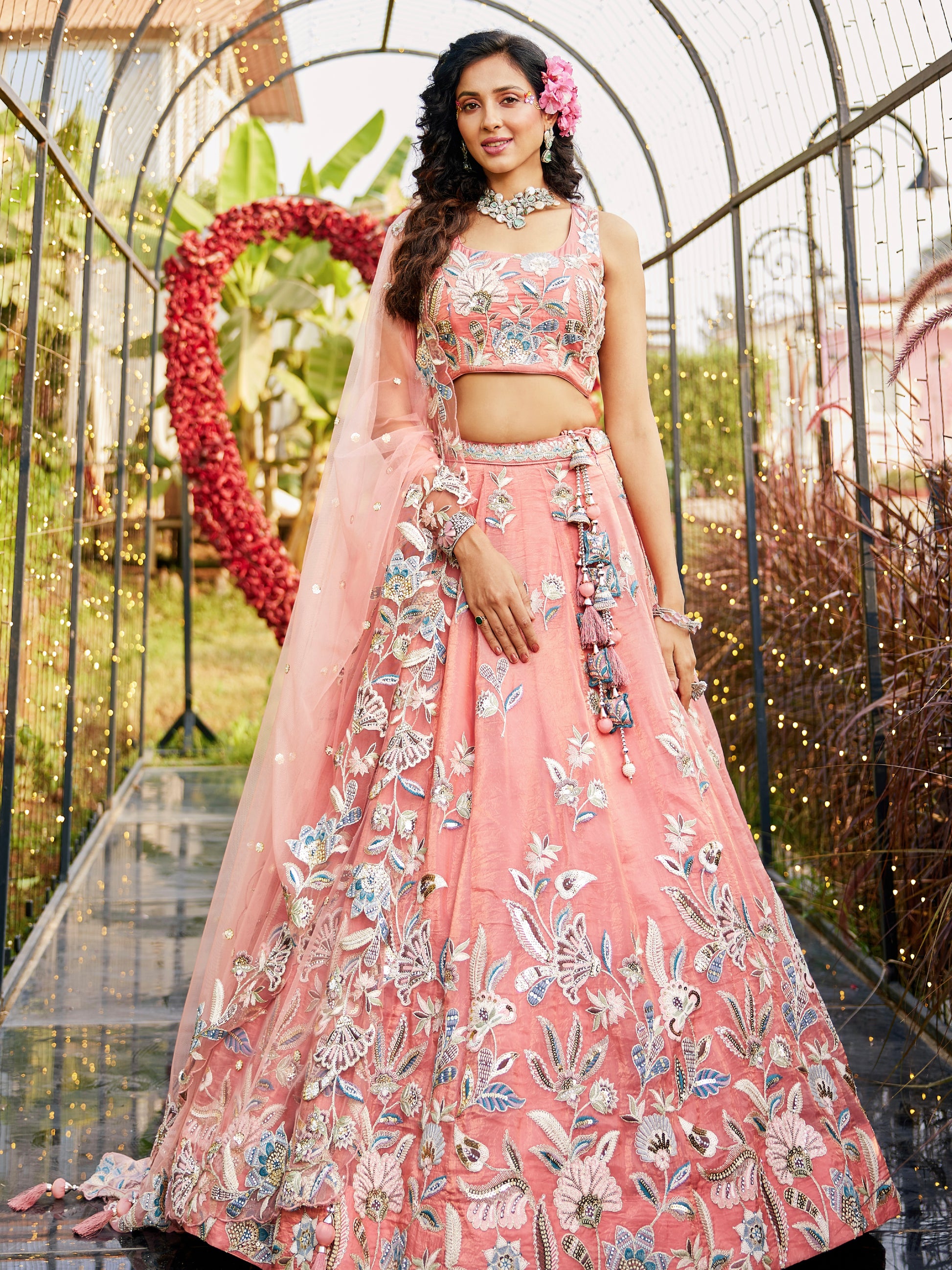 Orange Net Bridal Lehenga with Sequins & Zarkan Work