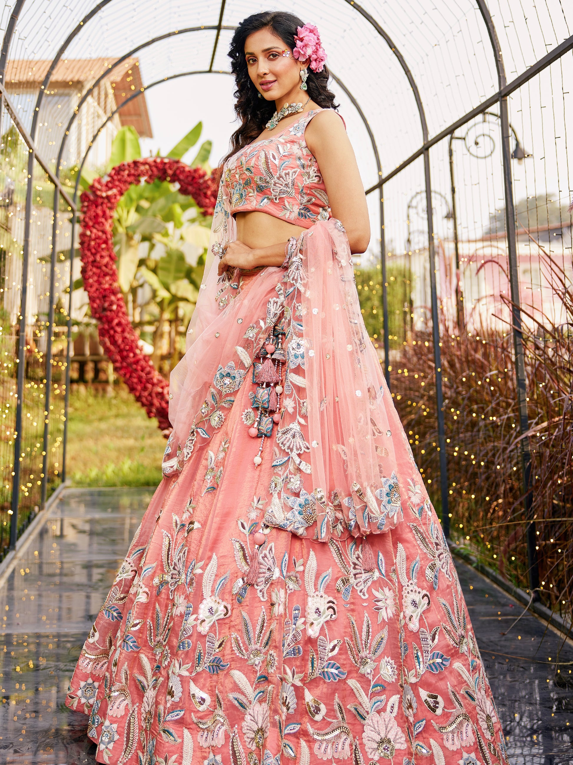 Orange Net Bridal Lehenga with Sequins & Zarkan Work