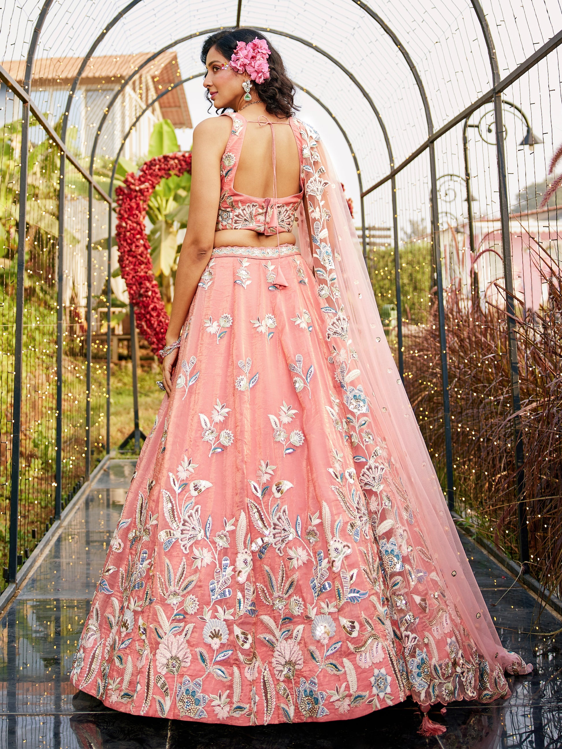 Orange Net Bridal Lehenga with Sequins & Zarkan Work