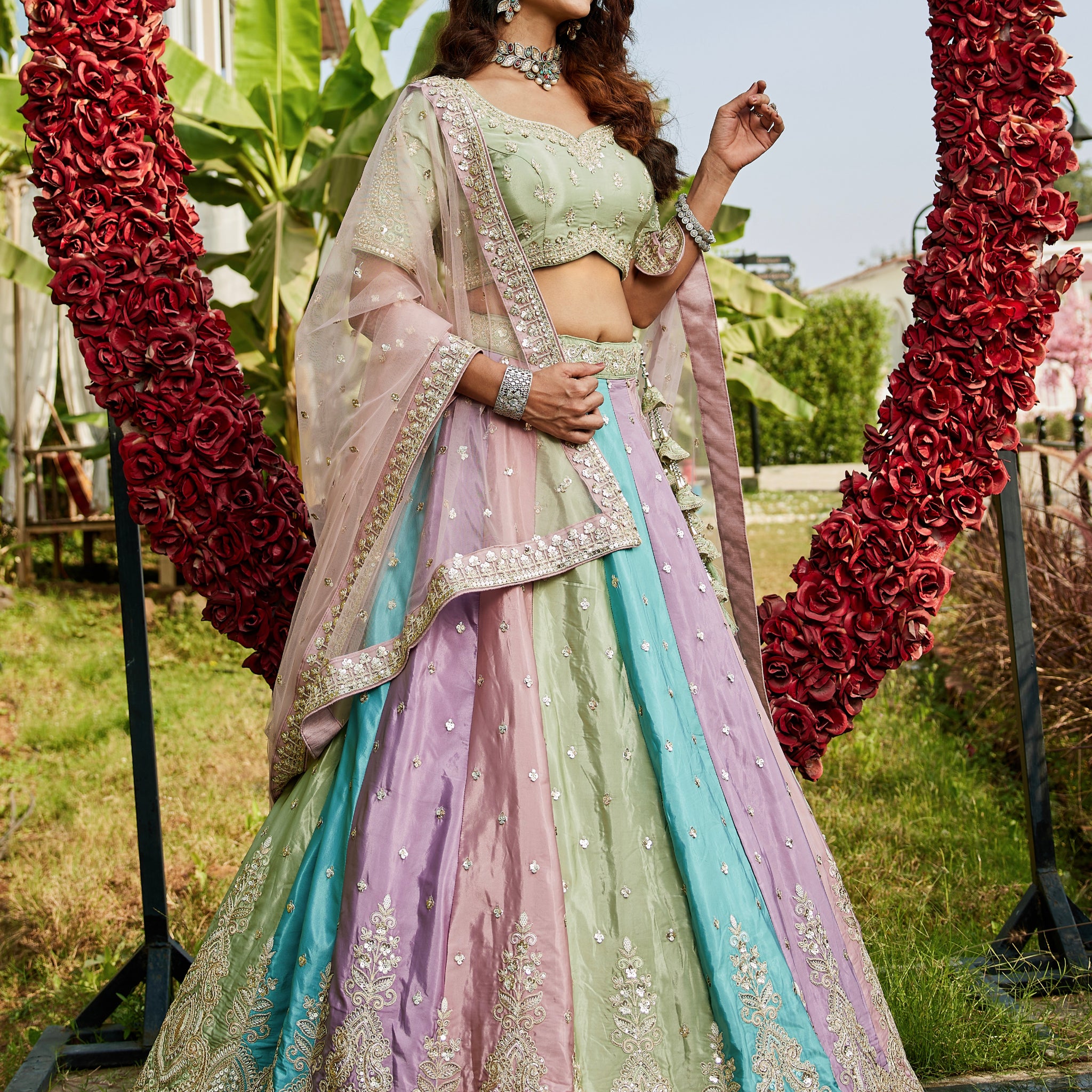 Multi-Color Satin Silk Lehenga with Sequins