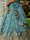 Green Organza Bridal Lehenga with Sequins & Moti Embroidery