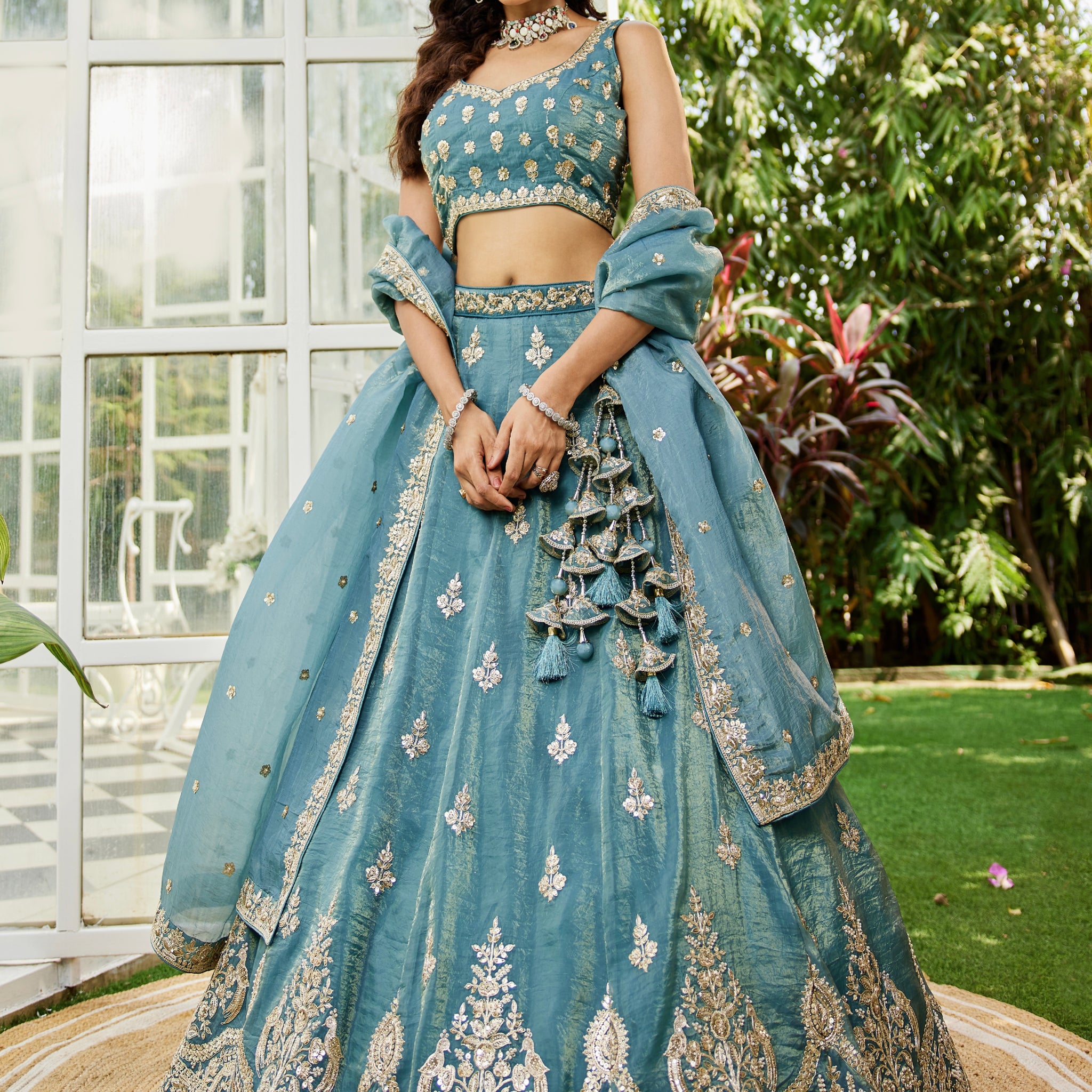 Green Organza Bridal Lehenga with Sequins & Moti Embroidery