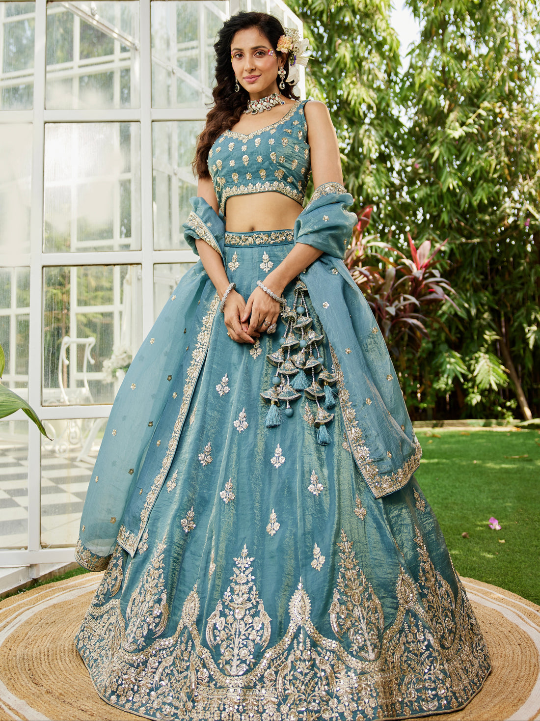 Green Organza Bridal Lehenga with Sequins & Moti Embroidery