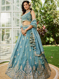 Green Organza Bridal Lehenga with Sequins & Moti Embroidery