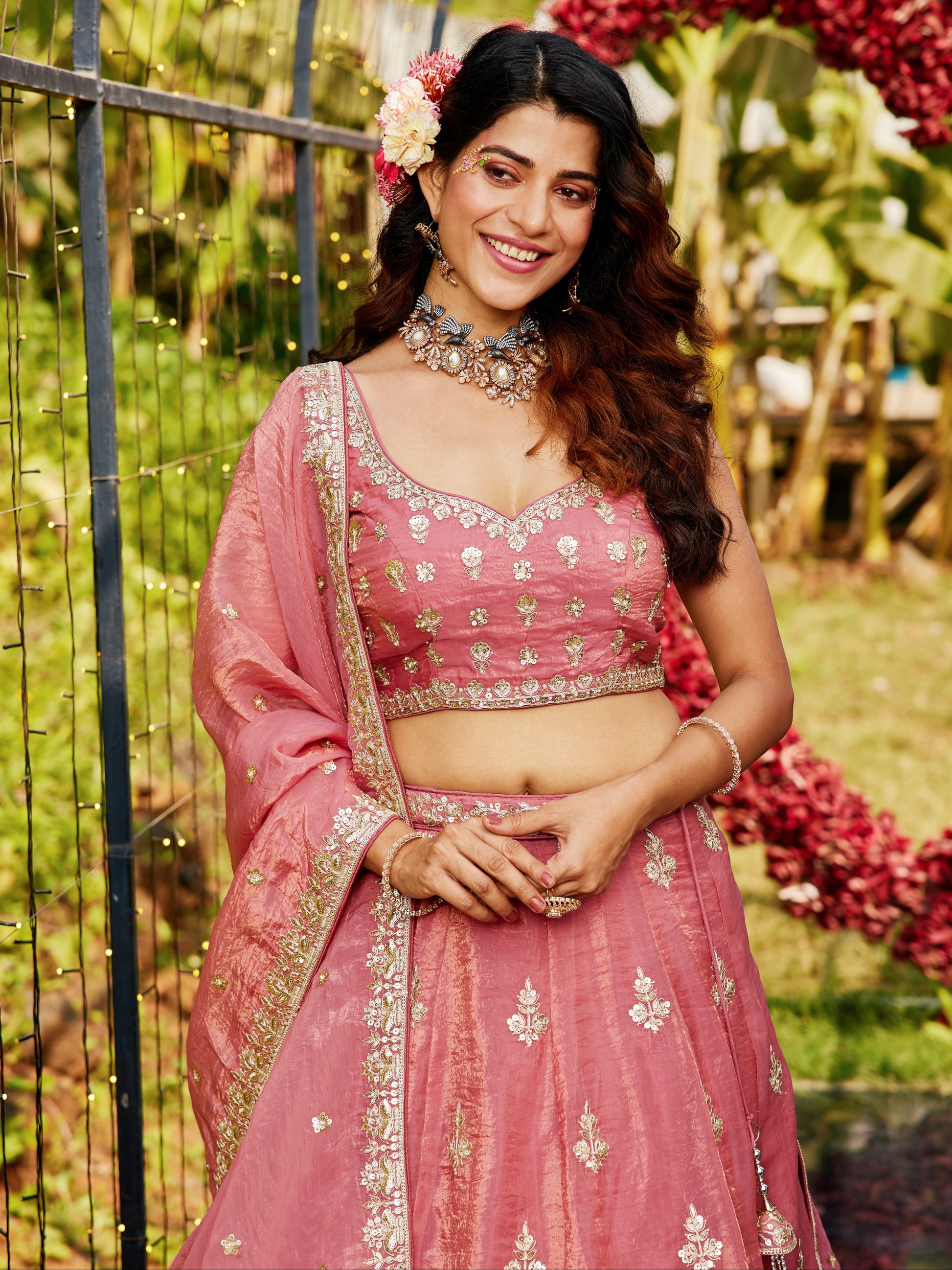 Pink Organza Bridal Lehenga with Sequins & Moti Embroidery