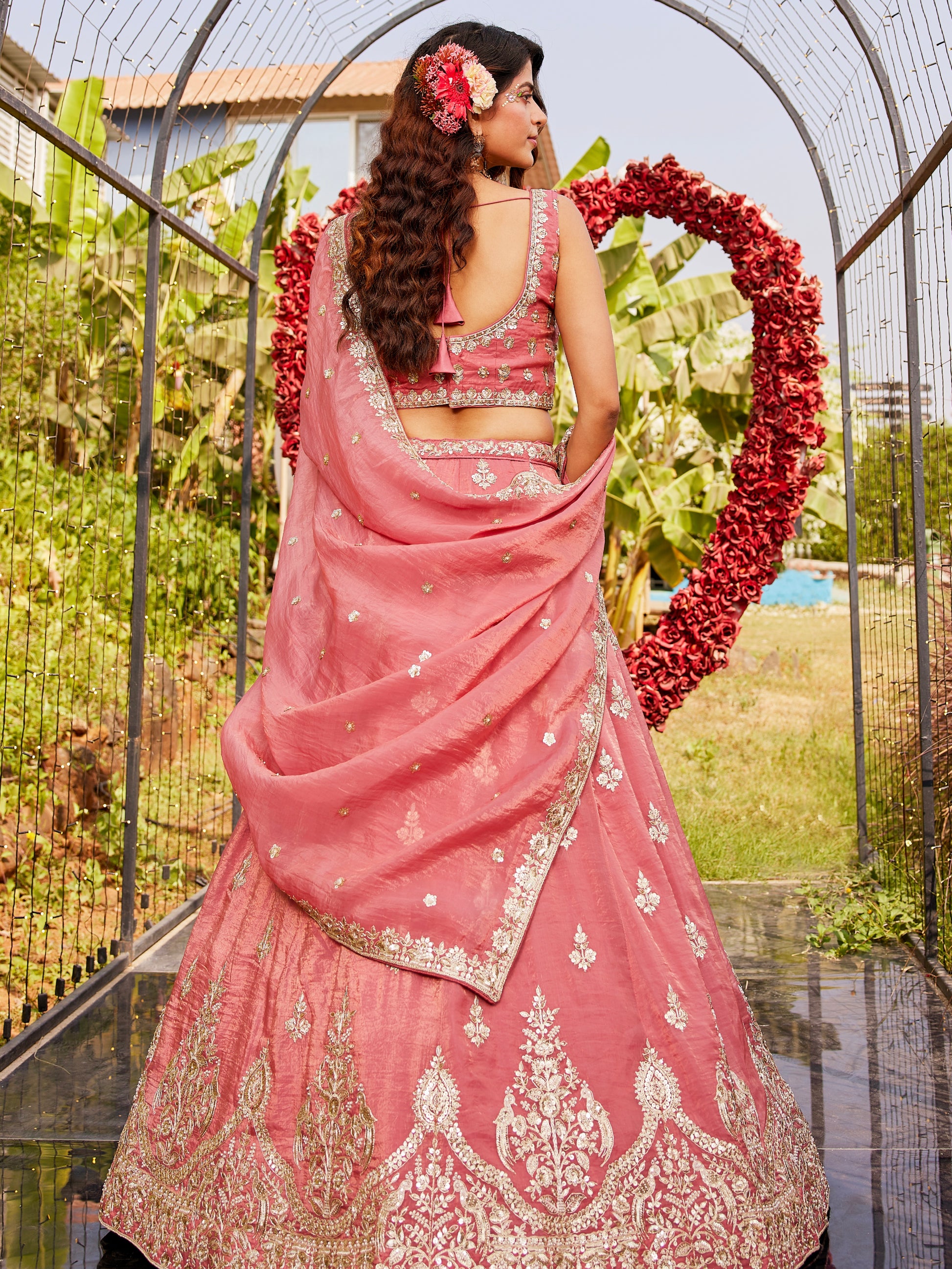 Pink Organza Bridal Lehenga with Sequins & Moti Embroidery