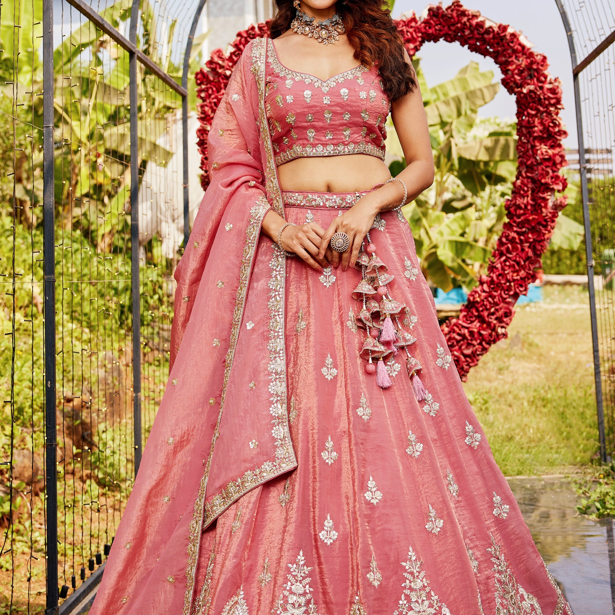 Pink Organza Bridal Lehenga with Sequins & Moti Embroidery