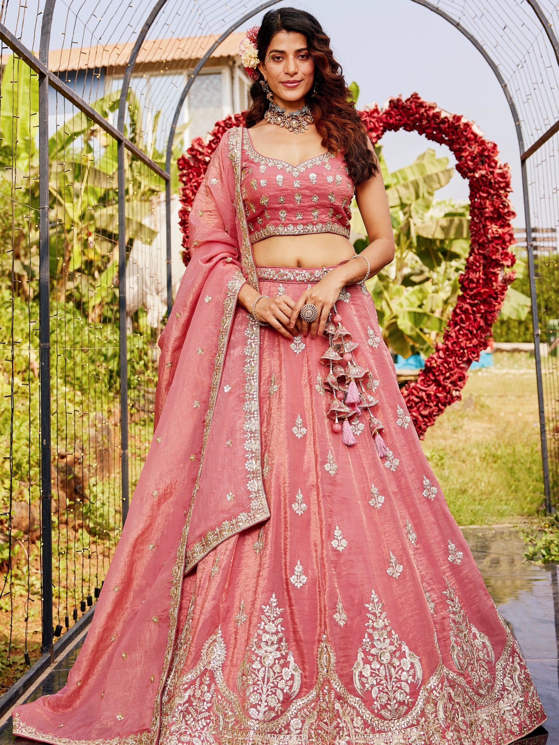 Pink Organza Bridal Lehenga with Sequins & Moti Embroidery