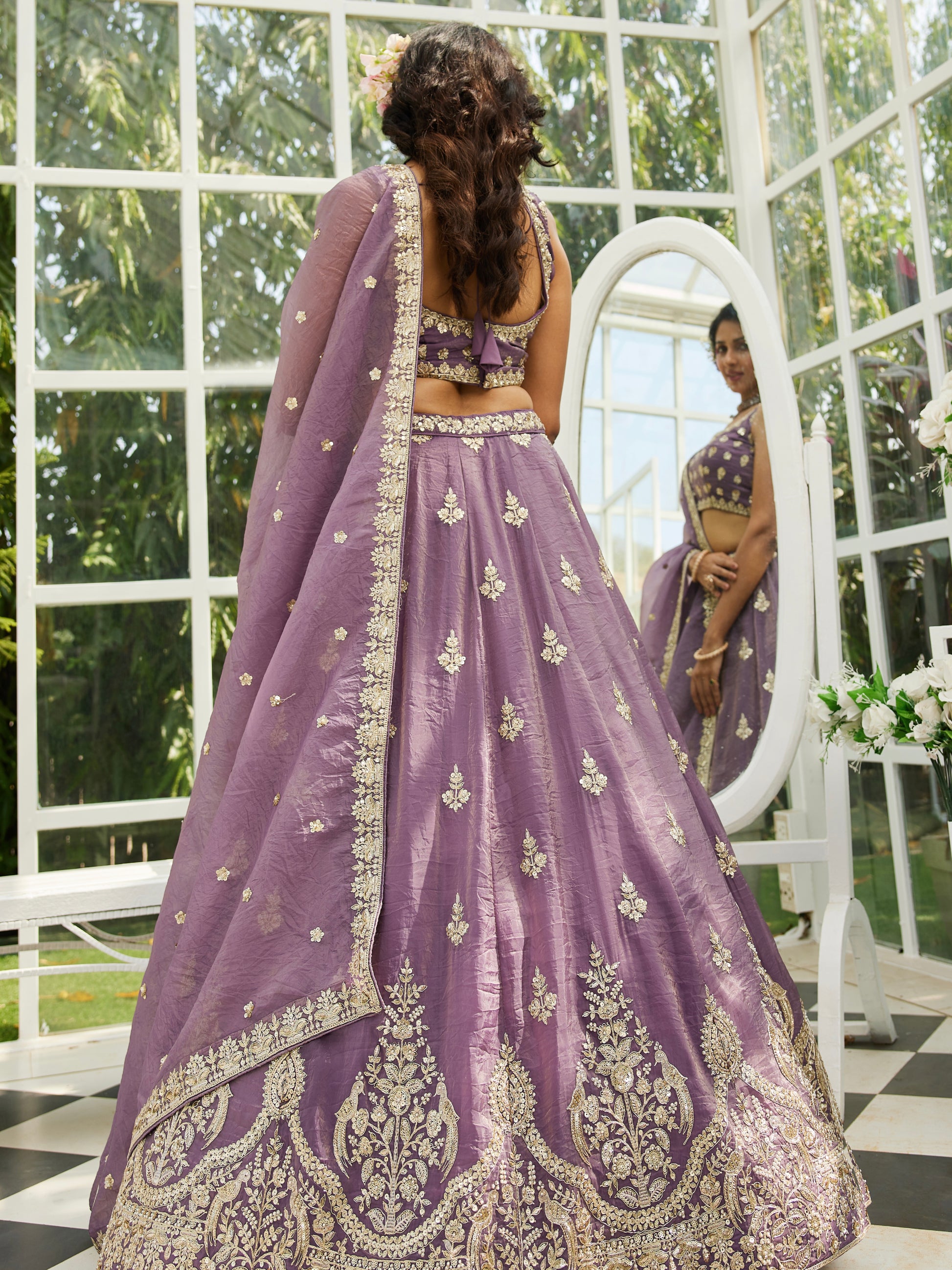 Purple Organza Bridal Lehenga with Sequins & Moti Embroidery