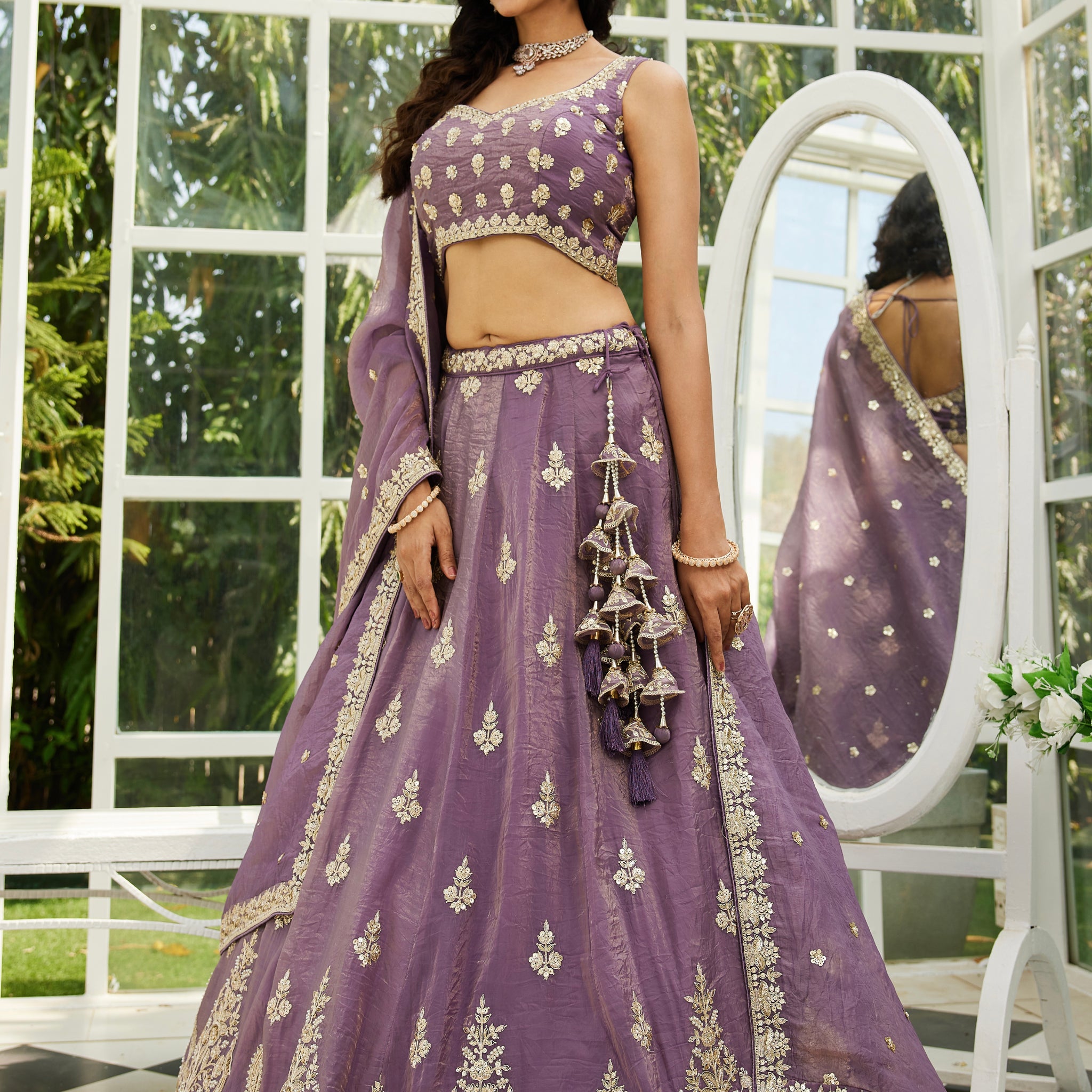 Purple Organza Bridal Lehenga with Sequins & Moti Embroidery