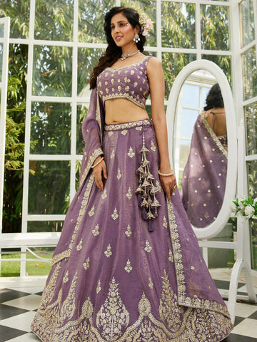 Purple Organza Bridal Lehenga with Sequins & Moti Embroidery