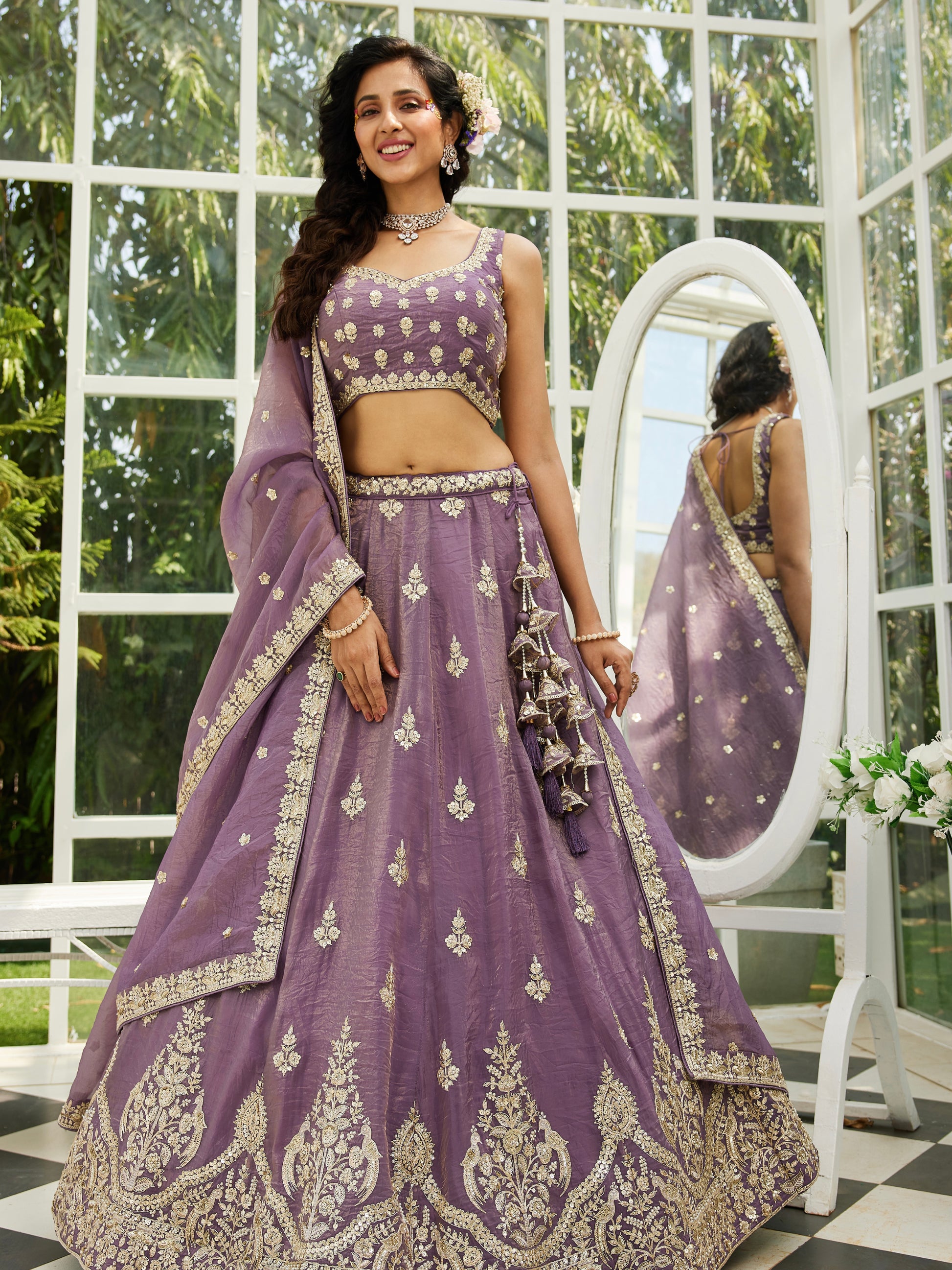 Purple Organza Bridal Lehenga with Sequins & Moti Embroidery