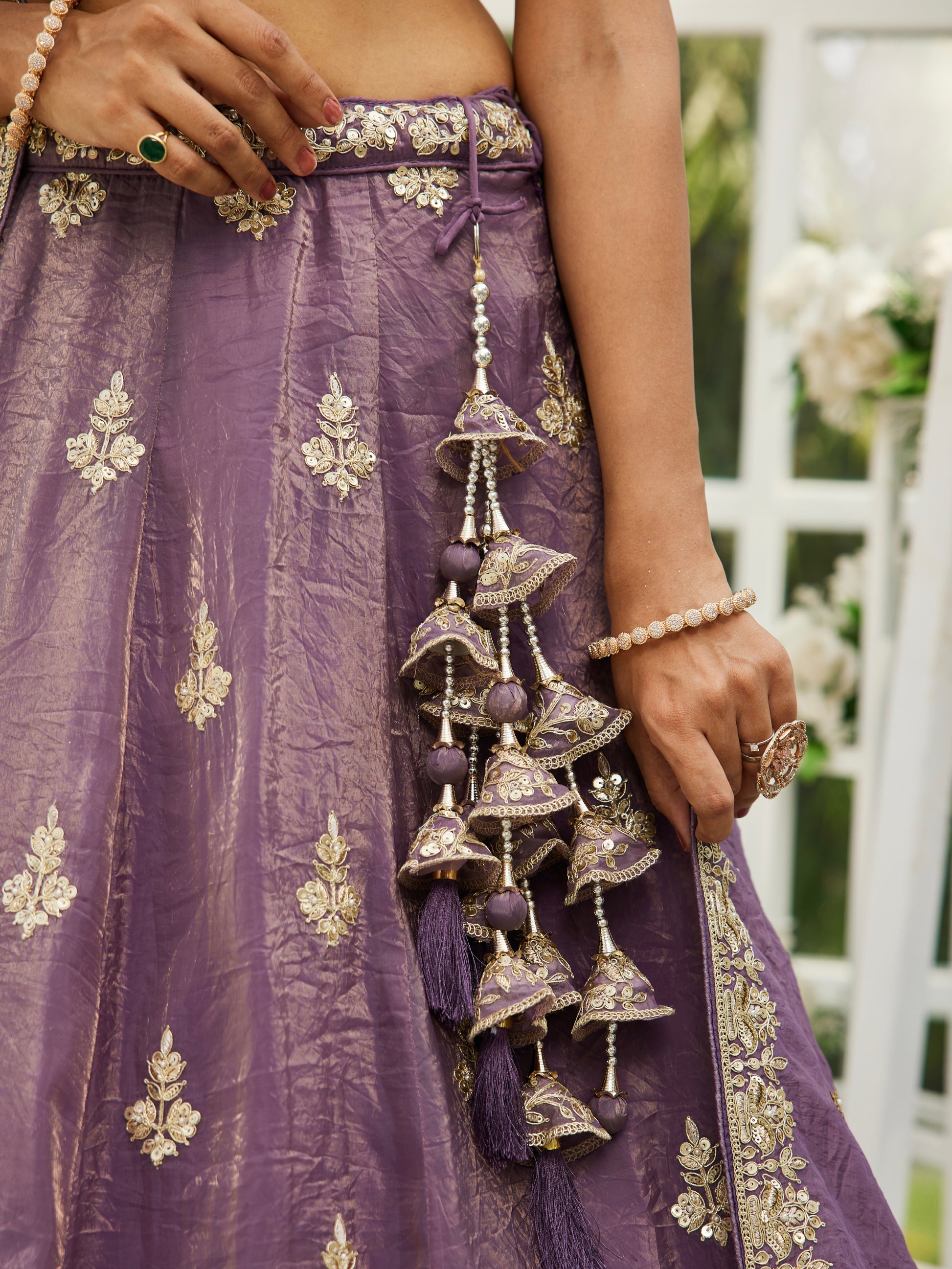 Purple Organza Bridal Lehenga with Sequins & Moti Embroidery