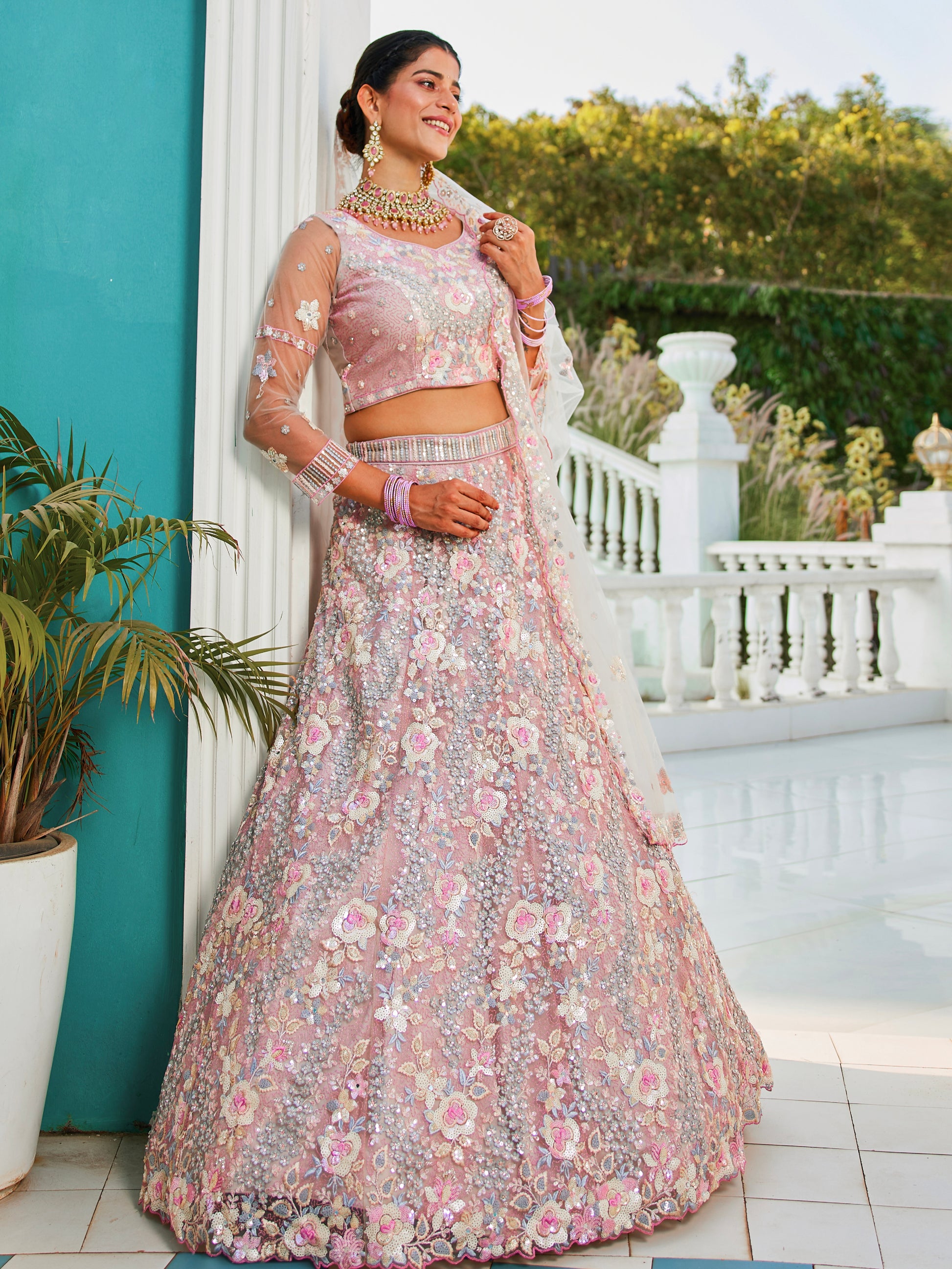 Grey Net Bridal Lehenga with Sequins & Zarkan Embroidery