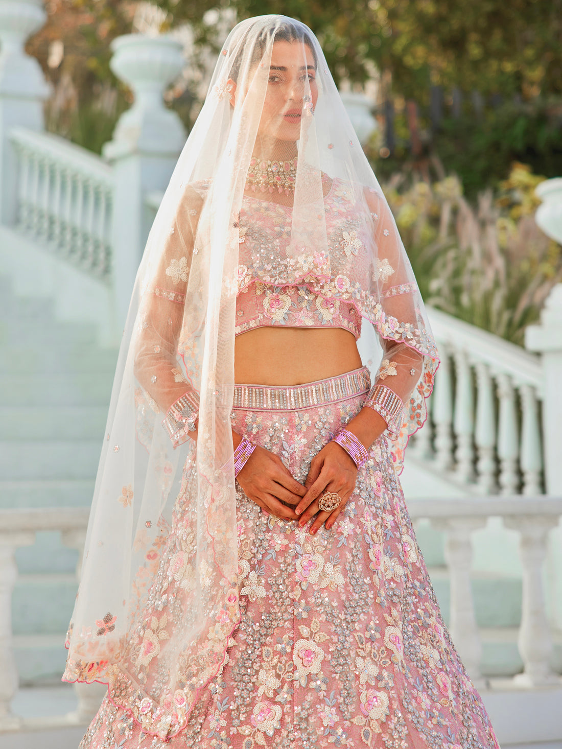 Grey Net Bridal Lehenga with Sequins & Zarkan Embroidery