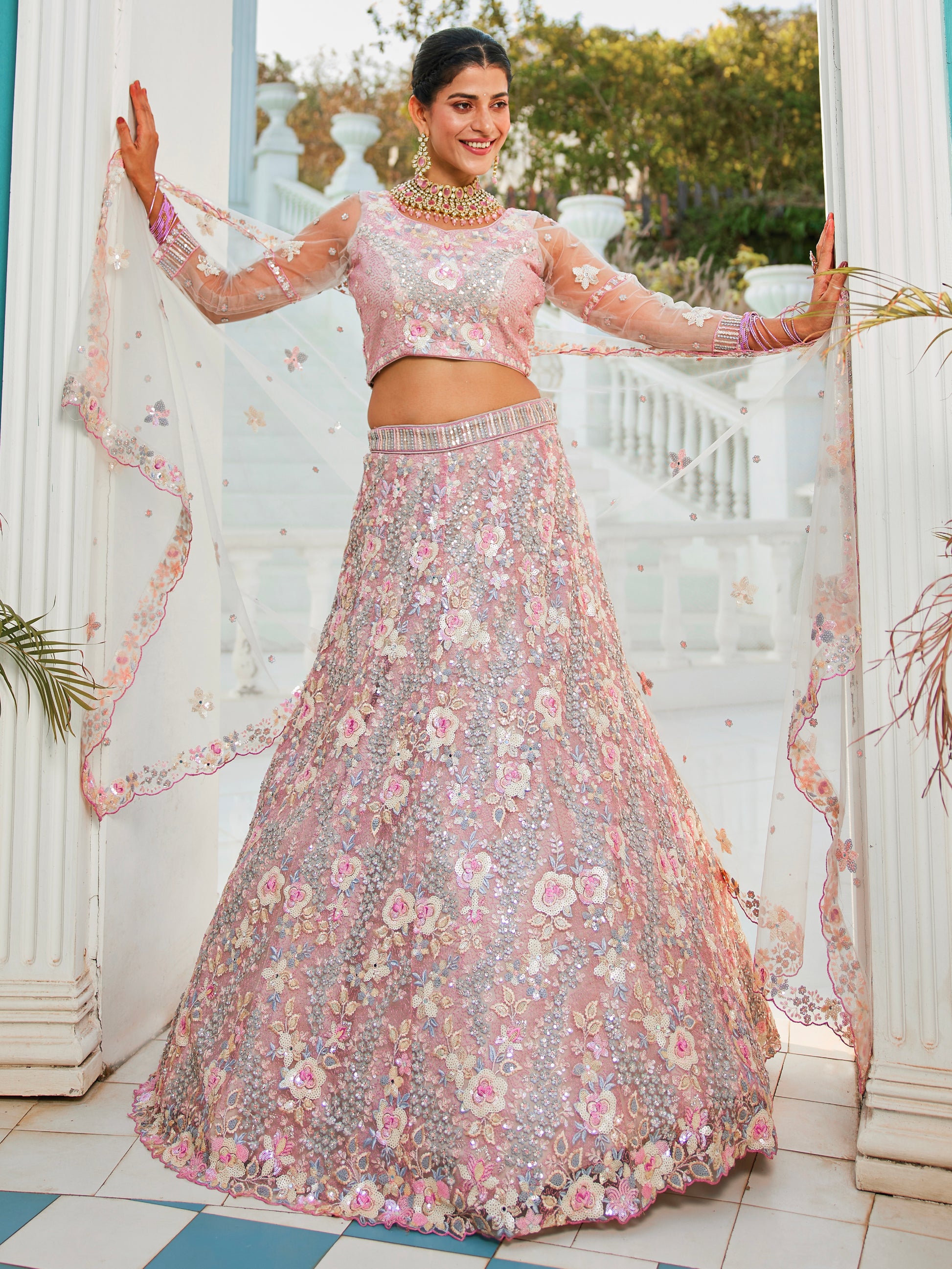 Grey Net Bridal Lehenga with Sequins & Zarkan Embroidery