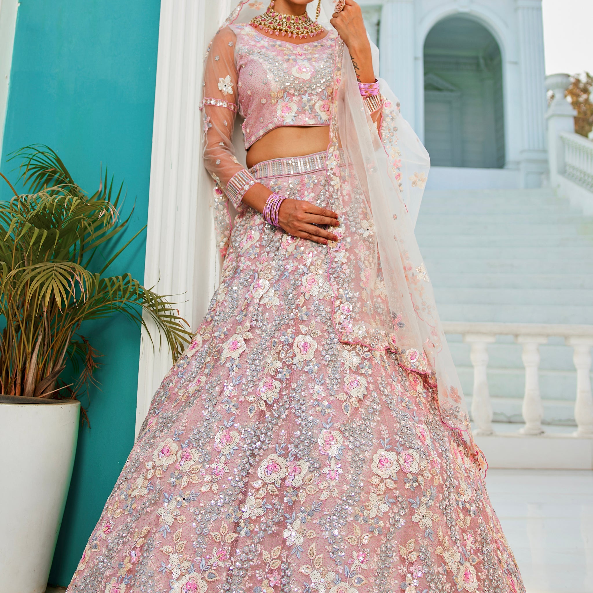 Grey Net Bridal Lehenga with Sequins & Zarkan Embroidery