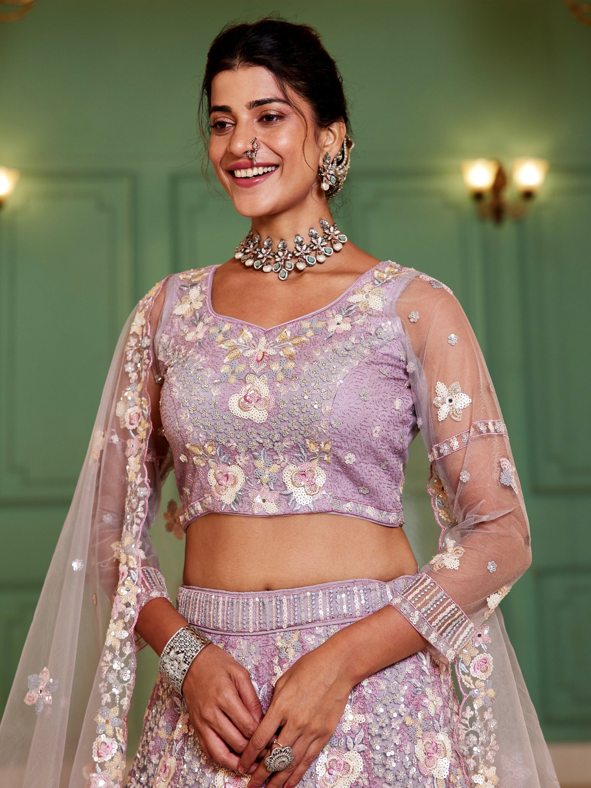 Mauve Net Bridal Lehenga with Sequins & Zarkan Embroidery