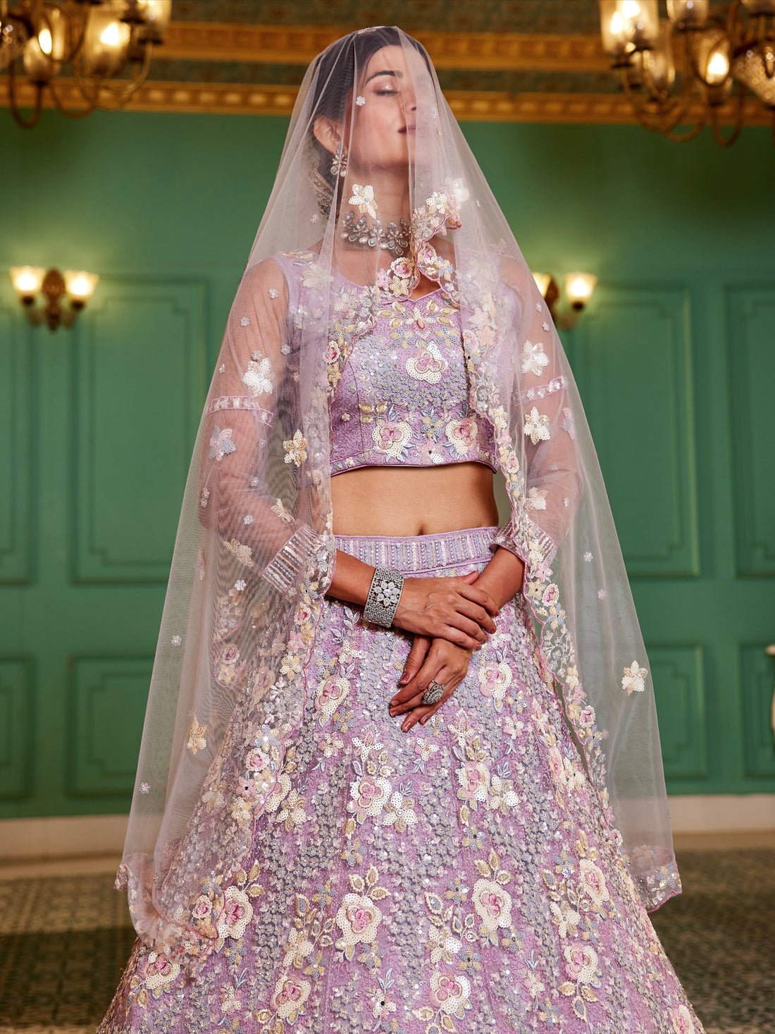 Mauve Net Bridal Lehenga with Sequins & Zarkan Embroidery