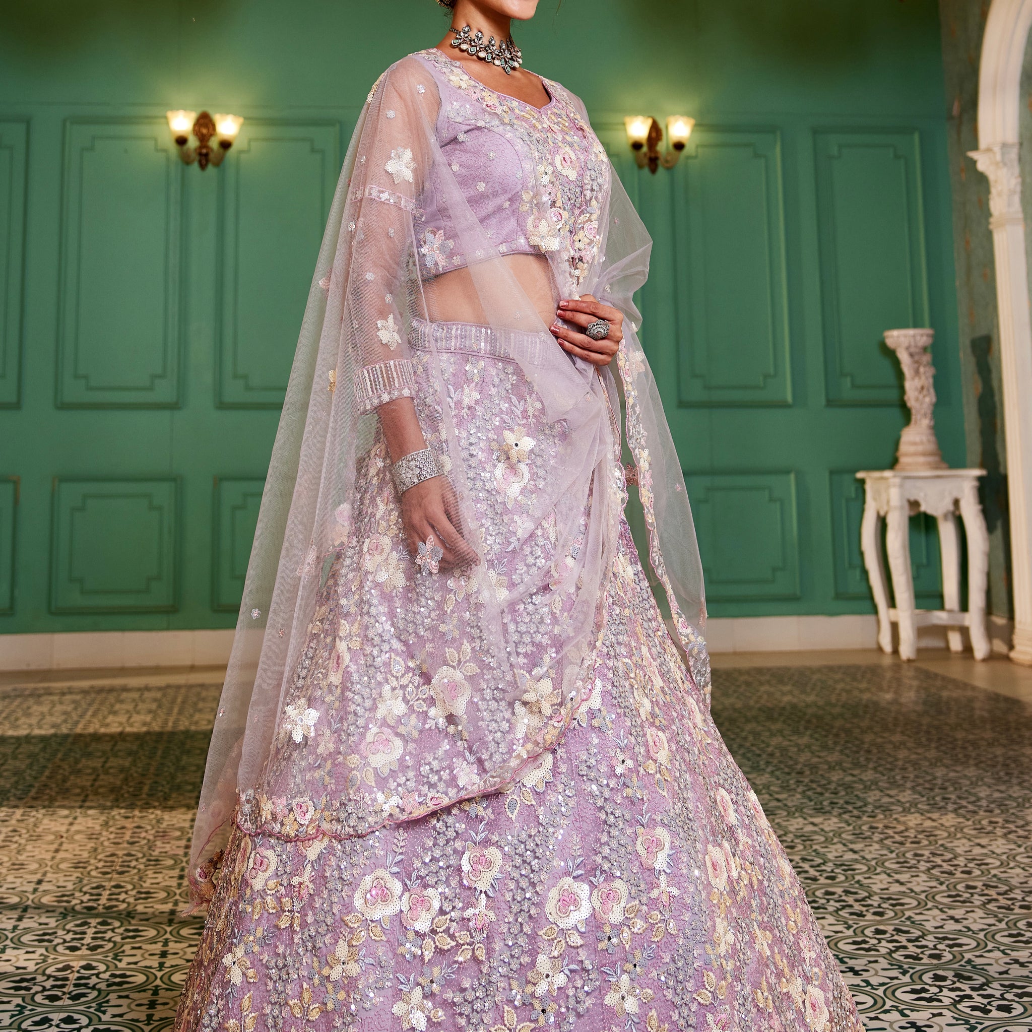 Mauve Net Bridal Lehenga with Sequins & Zarkan Embroidery