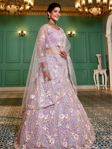 Mauve Net Bridal Lehenga with Sequins & Zarkan Embroidery