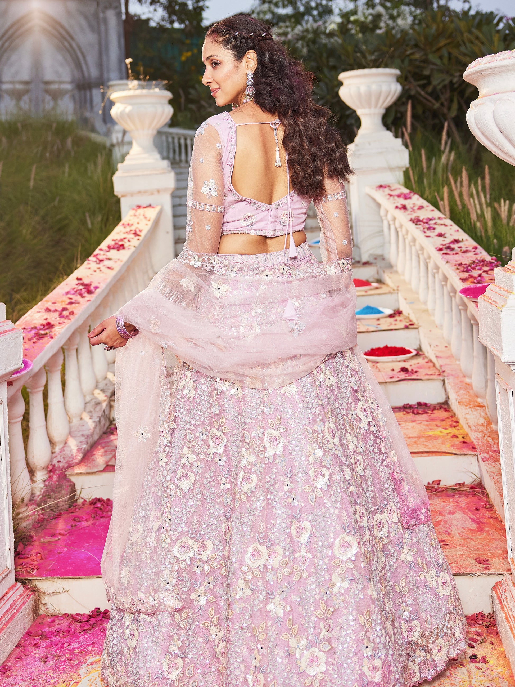 Pink Net Bridal Lehenga with Sequins & Zarkan Embroidery